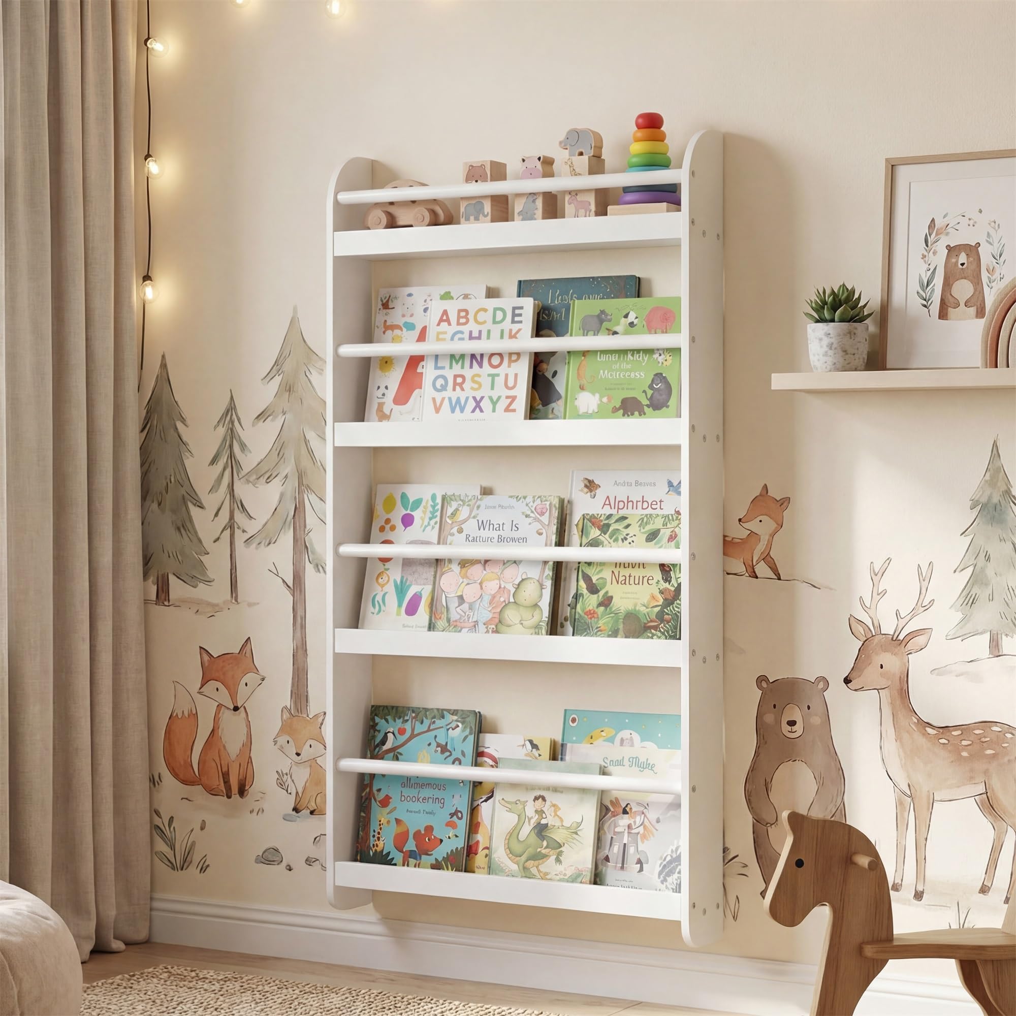 RELAX4LIFE Libreria da Parete per Bambini, Libreria Montessoriana per Bambini con Bordi Rialzati e Barre di Protezione, Scaffale Portaoggetti a 4 Livelli per Cameretta e Asilo Nido (Bianco)