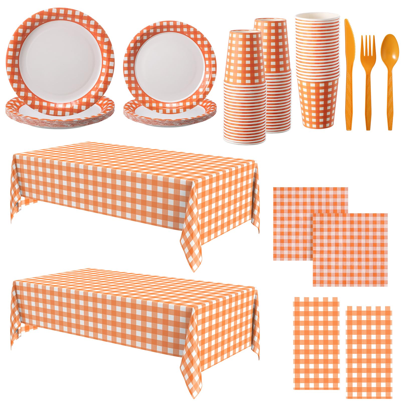 Oudain Kit per feste a quadretti, 162 pezzi, usa e getta, arancione e | Set da 20 ospiti, 2 tovaglie, piatti, bicchieri, tovaglioli, posate, per compleanni, picnic, campeggio, feste all'aperto