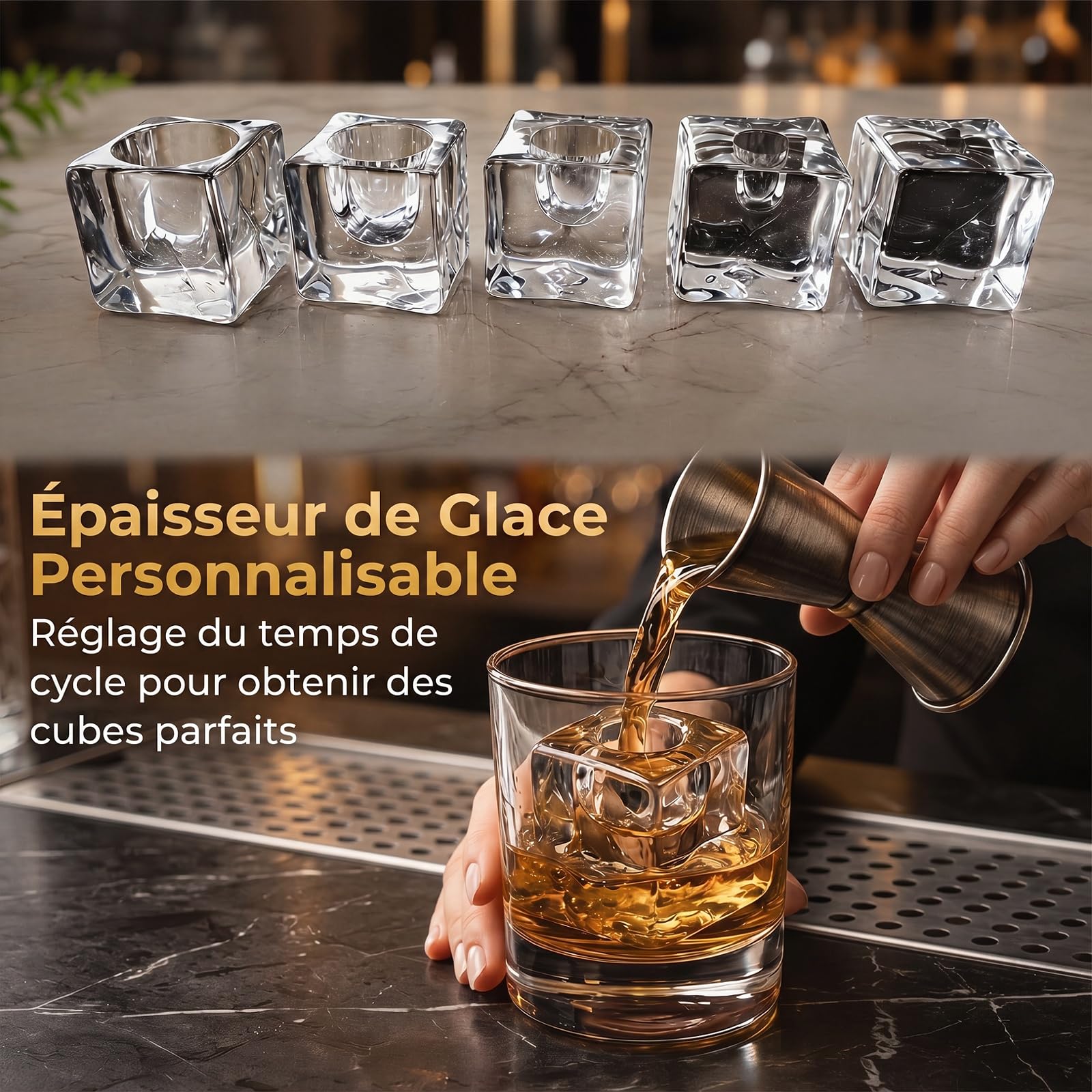 COSTWAY Machine a Glacons Transparents de Comptoir | Machine à Glace Silencieuse 12 kg/24h, Glaçons Carrés 4 cm à Fonte Lente, Épaisseur Réglable Auto-Nettoyage, Minuterie 24H