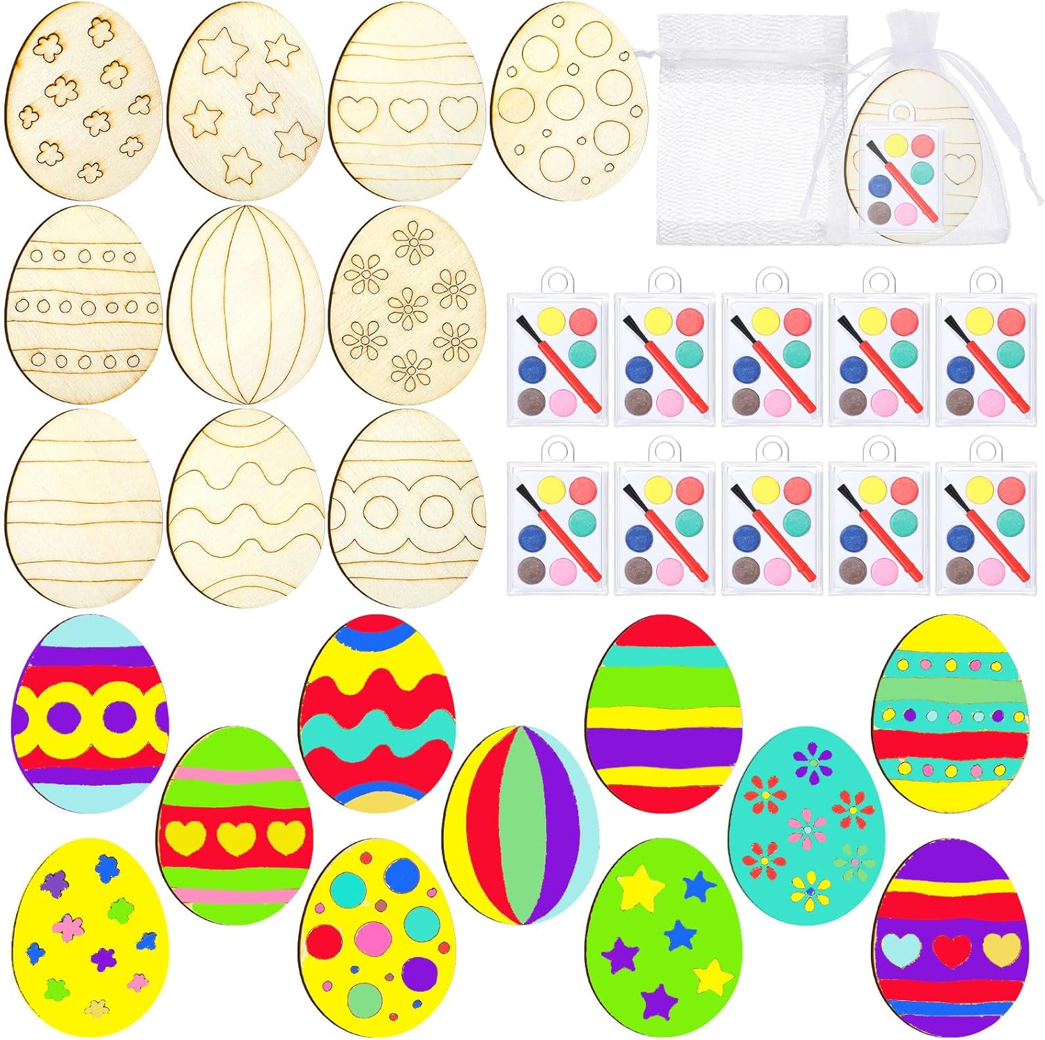 Silipull 30 Set Easter Egg Painting Kit Wood DIY Crafts Include Easter Eggs Unfinished Wooden Cutout Colorful Solid Paints and White Organza Bags for Painting Crafts and Decorations