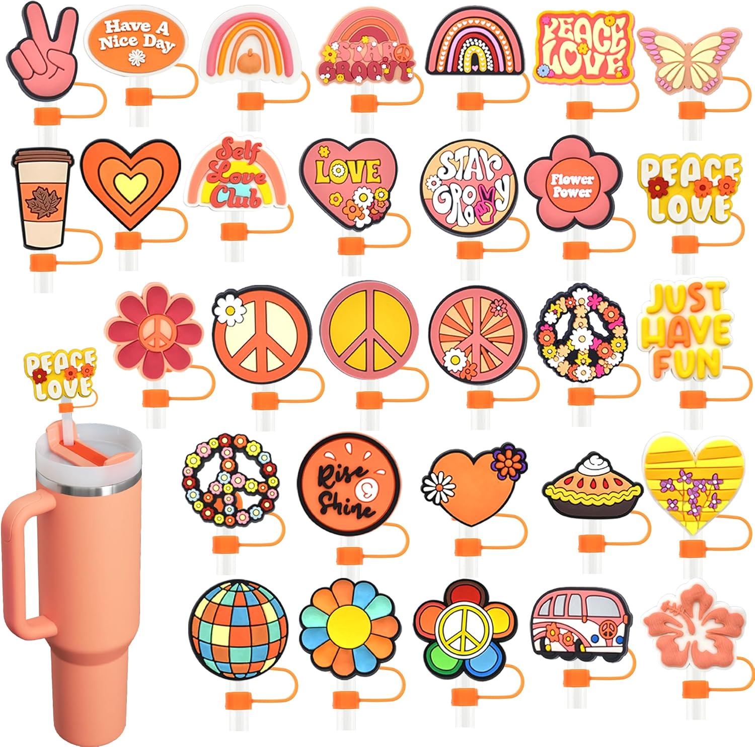 30PCS Love and Peace Straw Cover Cap for Stanley Cup 40oz/30oz Tumbler, 10mm Reusable Cute Fall Drinking Straw Topper Accessories, Portable Protector Plugs Decorations Gifts for Party Favors