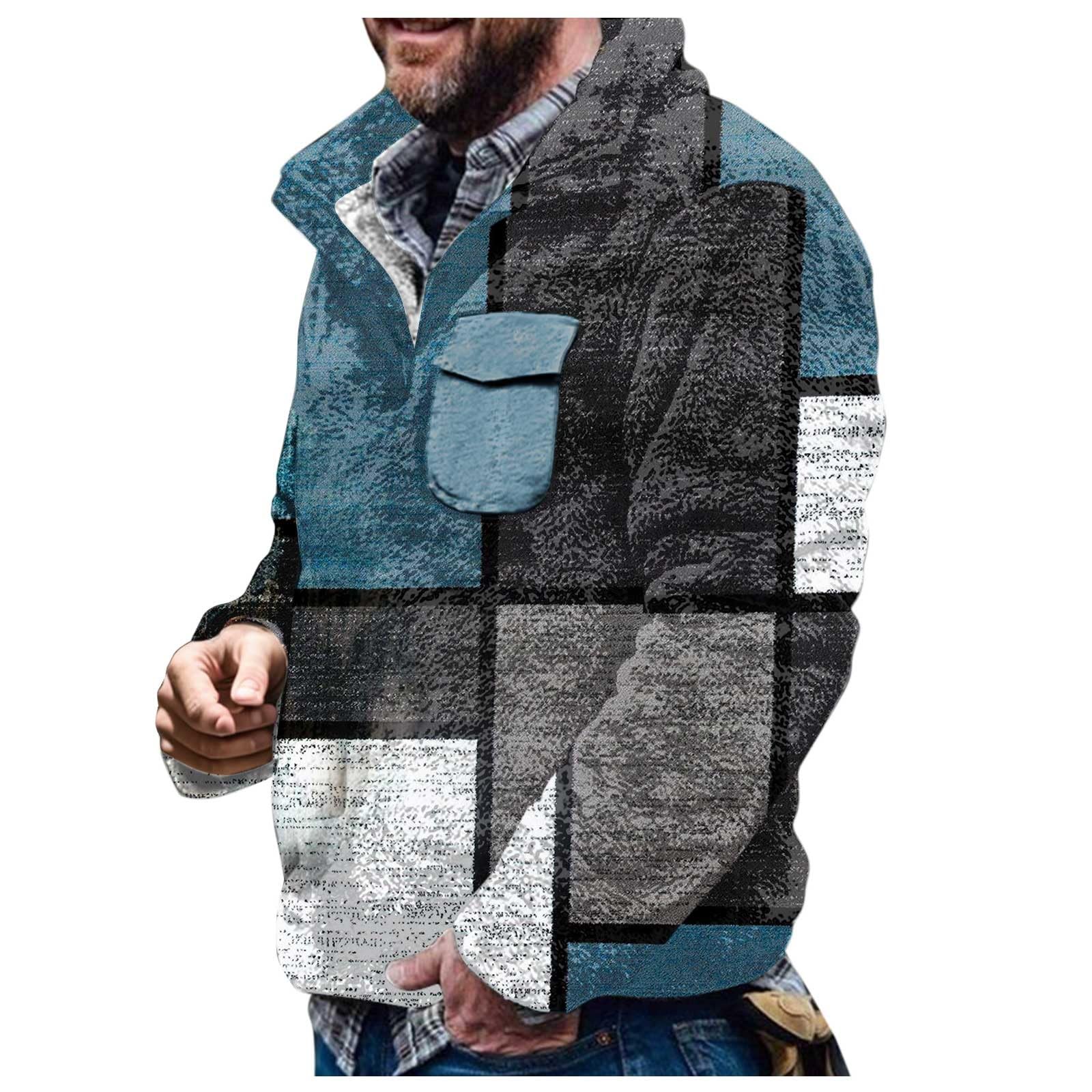 Generisch Sudadera para hombre - Sudadera de invierno con estampado de cuadros irregulares, sudadera doble de lana, sudadera de felpa informal a la moda