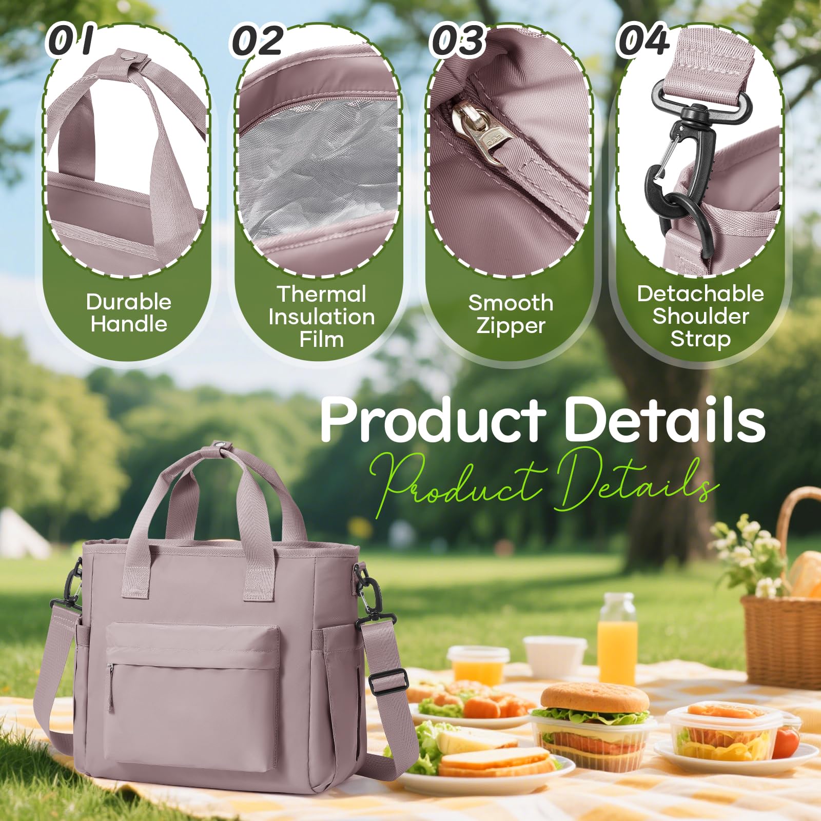 HPLQQ Borsa Termica Porta Pranzo, Borsa Frigo Pranzo per Alimenti Mantenere Caldo o Freddo Lunch Bag per Donna Ufficio, Viaggio, Picnic, Campeggio,A2-Rosa Viola