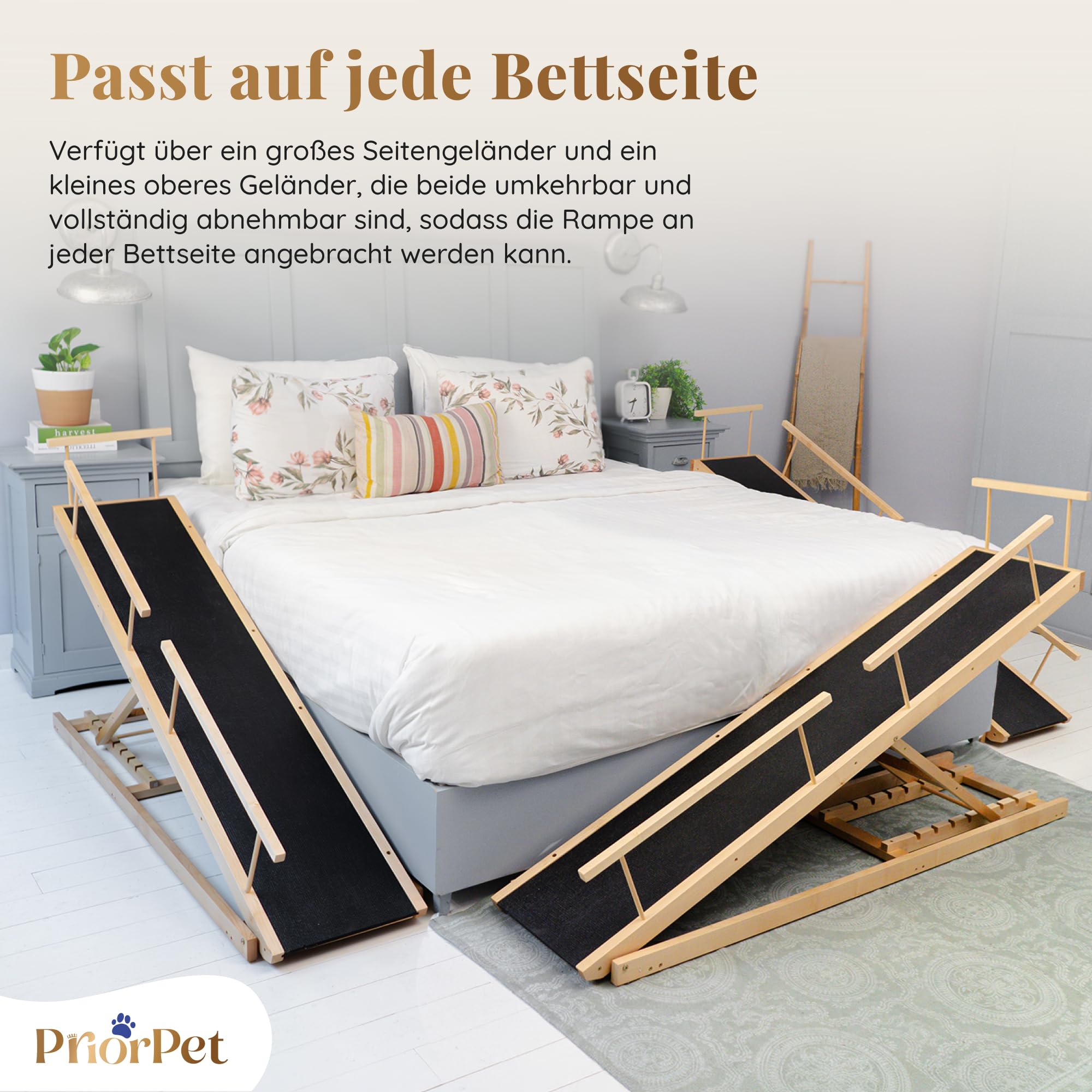 Hunderampe Bett PRIORPET aus Birkenholz mit Sicherheitsgeländer - Höhenverstellbare hundetreppe für Betten bis zu 94.5cm - Klappbar - Anti-Rutsch-Griff - Für kleine Hunde bis zu 23kg - Naturel