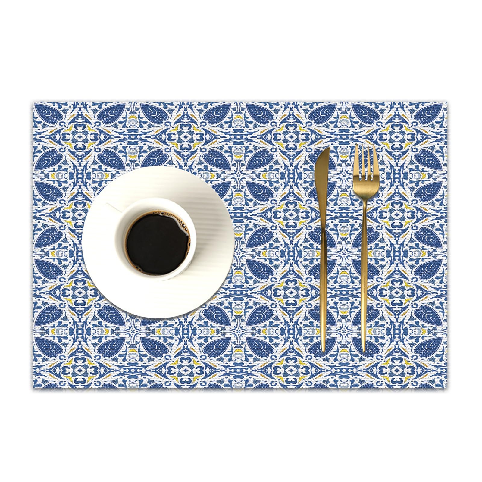 DASNK Table Mats Set of 4 Woven Vinyl Place Mats for Dinner Table Washable & Durable Indoor/Outdoor Use Table Accessories,Seamless pattern in blue and orange - like Portuguese tiles,12x18in