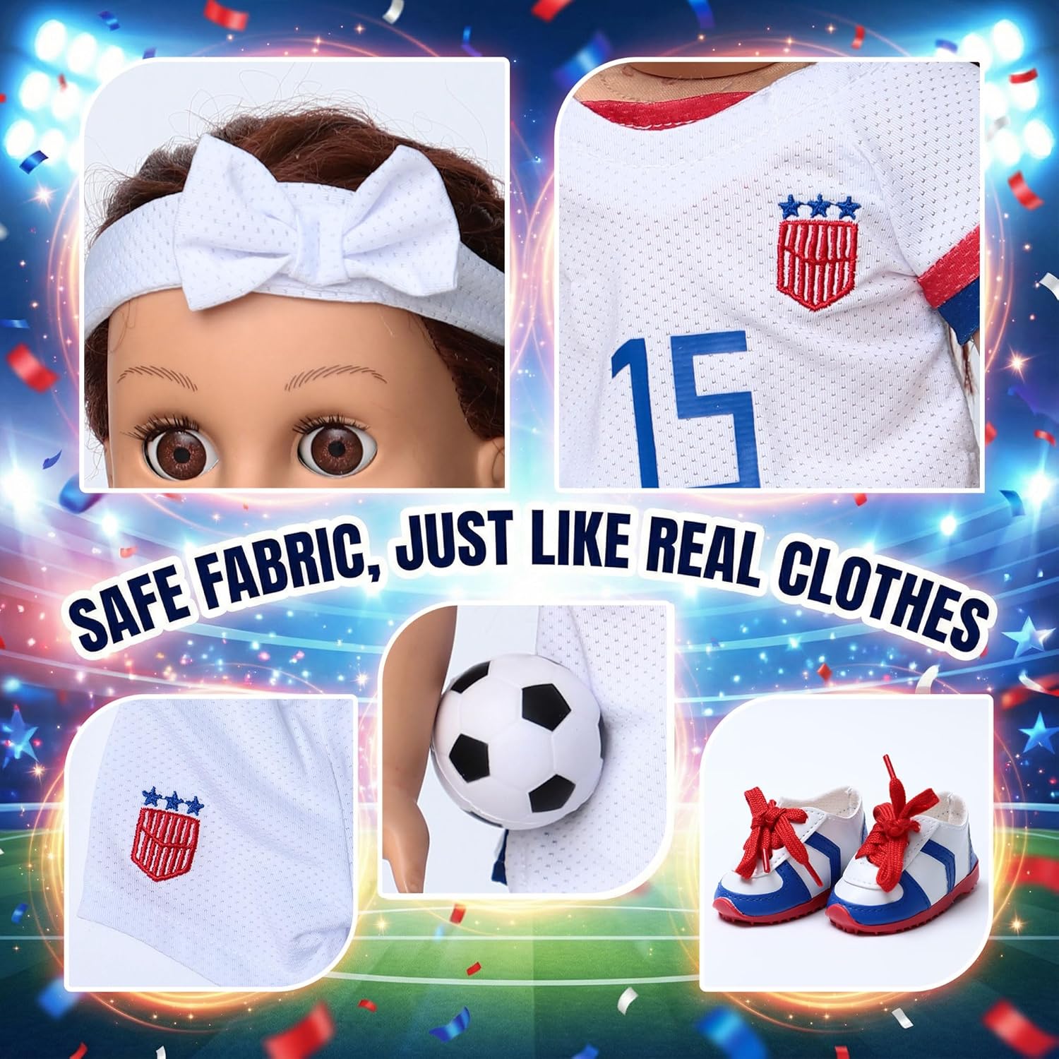 American 18 inch Doll Clothes Accessories - 6 Pcs Soccer Uniform Set Includes Jersey, Shorts, Socks, Cleats, Soccer Ball & Bow Headband for 18 Inch Girl Dolls