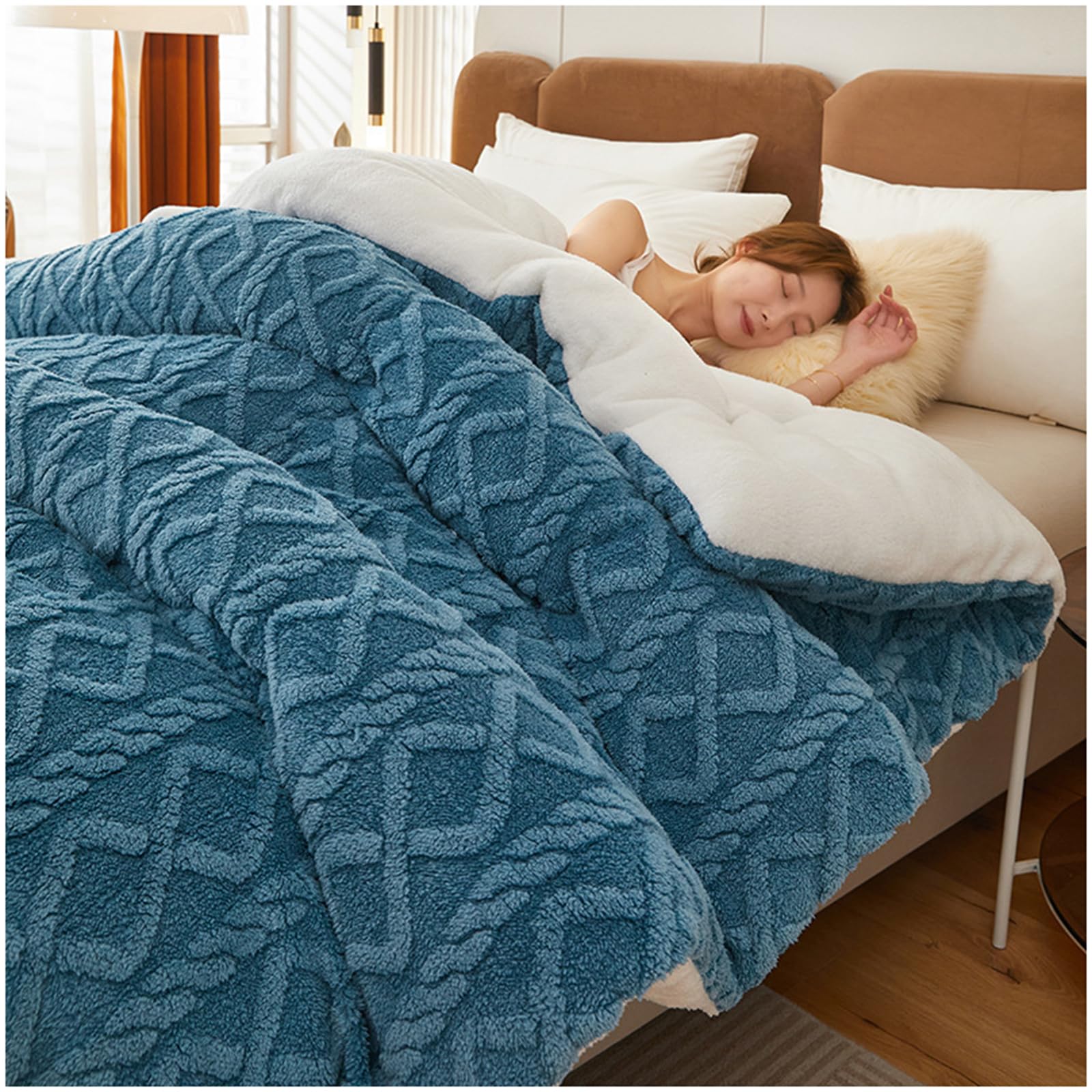 Ztgl Blue Thickened Super Soft Insulation Hibiscus Winter Quilt, Lamb Velvet And Flannel Double Fabrics, Breathable Warmth Fluffy Plush Double Sided Velvet Blanket