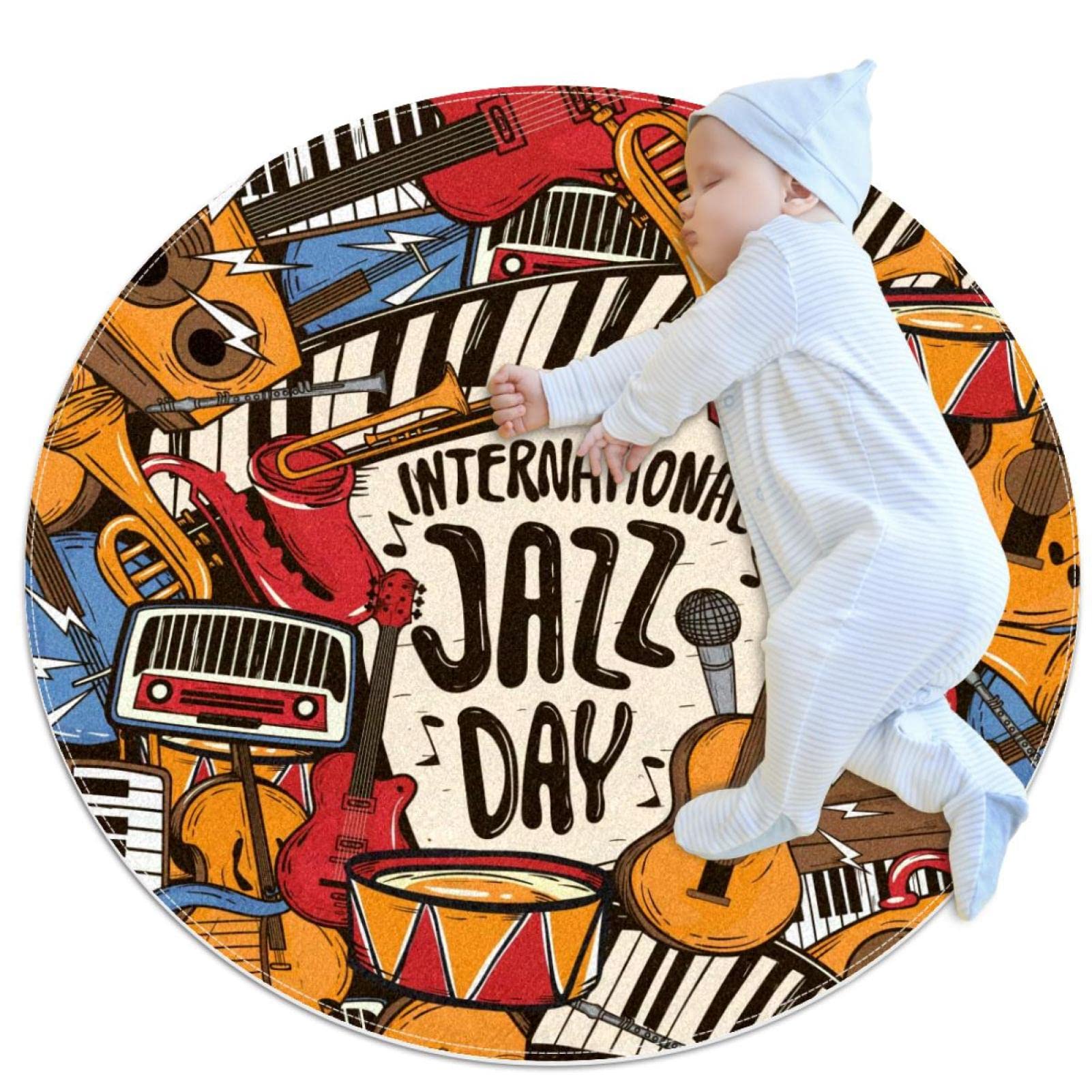 Tapis de salle de bain rond antidérapant 1m motif instrument de musique jazz