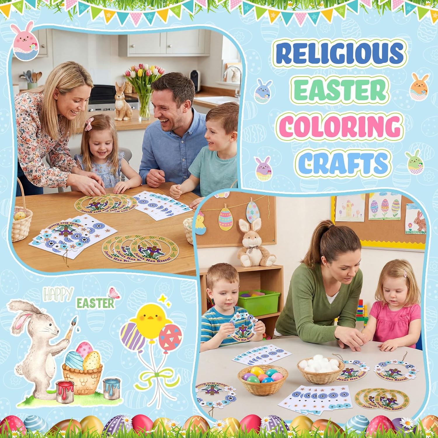 Motipuns 24 Pcs Religious Easter Crafts He is Risen Hanging Ornament Easter Resurrection Cross Wreath Hanging Decorations for Holy Week Christian Sunday School Bible Activities Church Home Decor