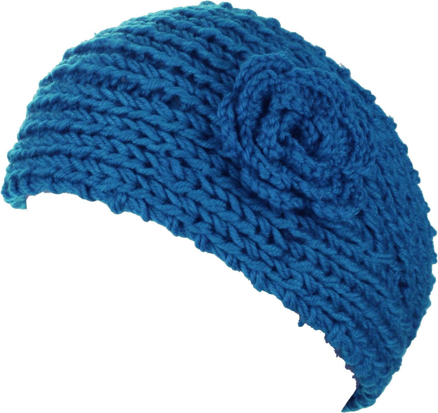 Dry77 Knitted Flower Headband Hat for Women, Sky Blue, 17.50" x 4"