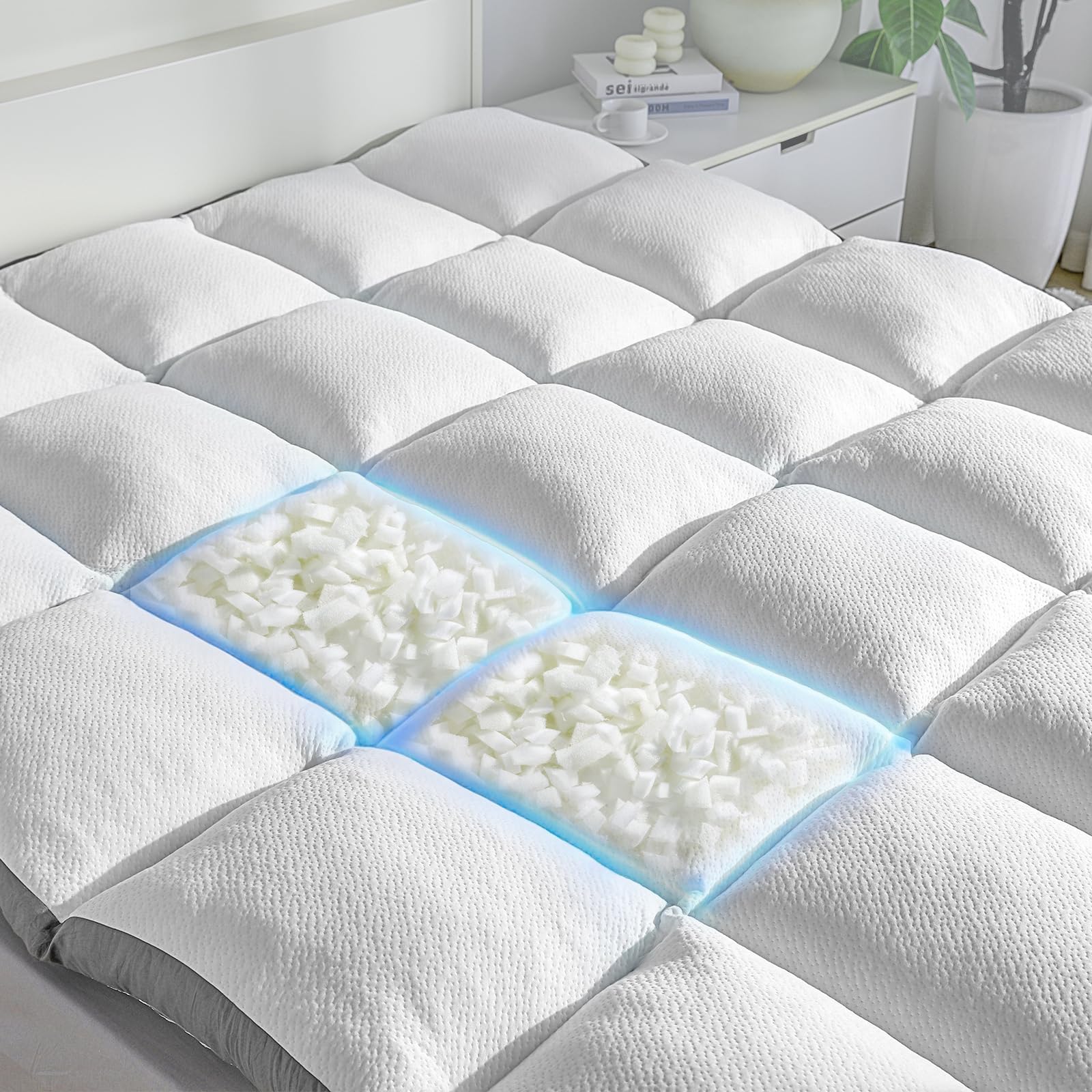 Memory Foam Mattress Topper Full - Pillow Top Mattress Topper Full Size, Soft Plush Bed Pad for Pressure Relief and Back Support, White, Oeko-TEX Certified - 2000GSM