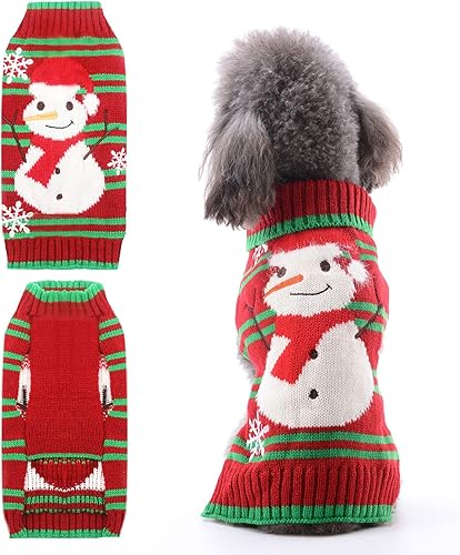Suéter de Navidad para perro, lindo suéter de punto a rayas, muñeco de nieve, cuello alto, gato, disfraz de Navidad feo, disfraz de cachorro, otoño
