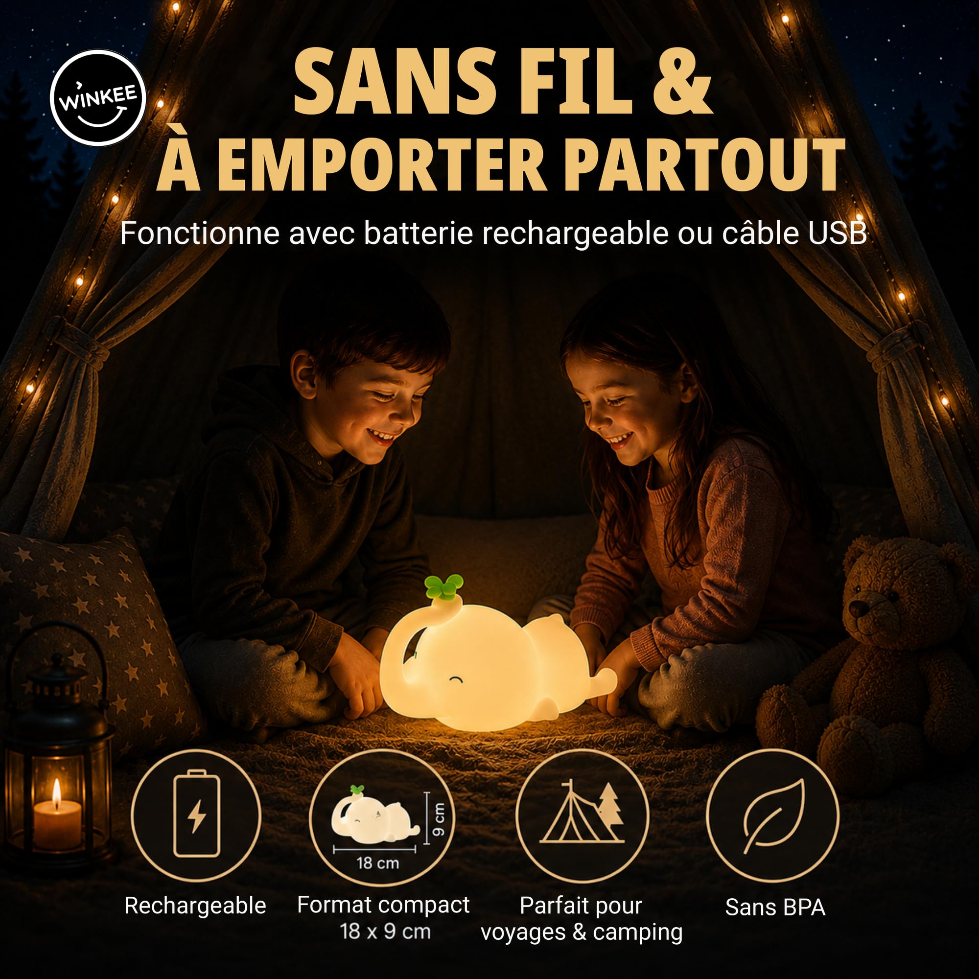 Winkee - Lampka nocna słoń Nellie I lampka nocna dla niemowląt I światło do karmienia ściemniane dotykowe I lampka nocna ładowanie przez USB