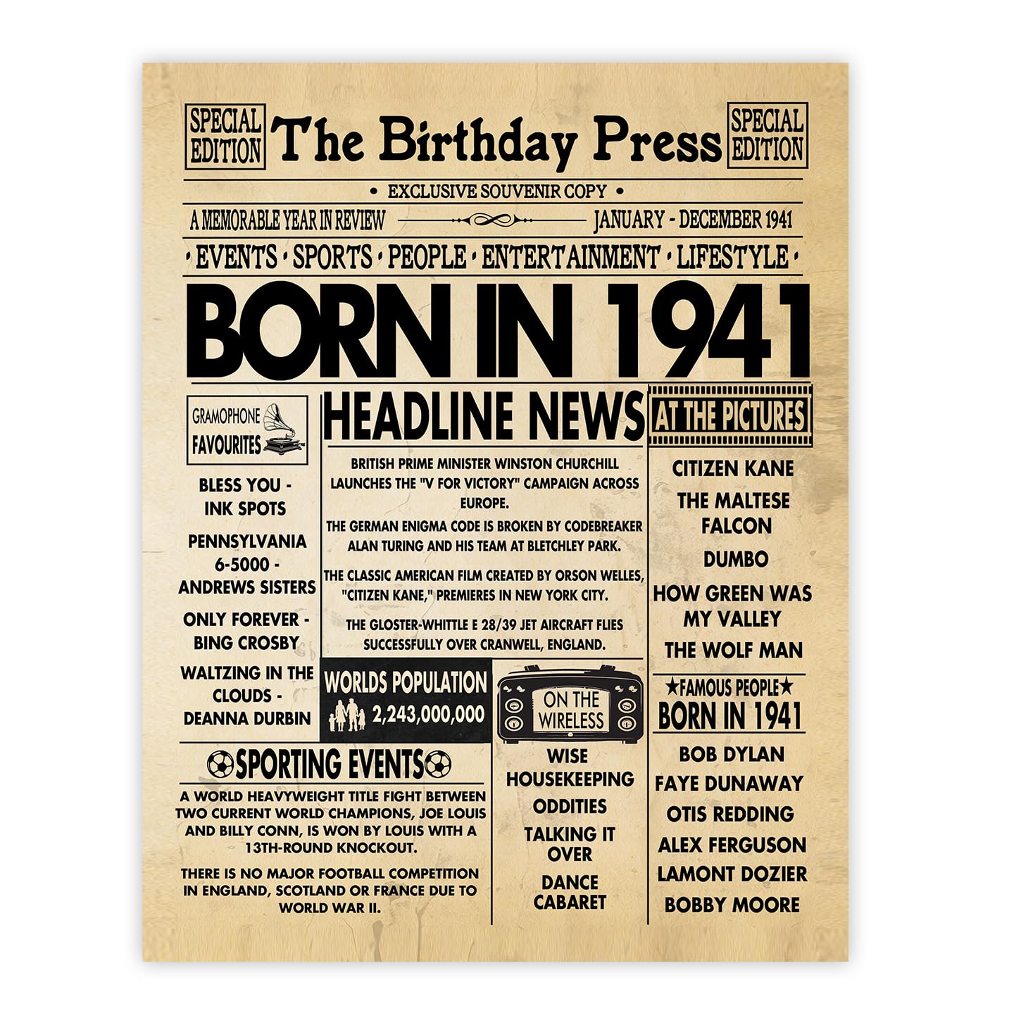 Stuff4 84th Birthday Poster Unframed - Born In 1941 Newspaper - Happy 84th Birthday Gifts for Men Women Vintage Retro Back In 1941, 8x10 Inch Eighty-Four Eighty-Fourth Bday Party Decor Decoration