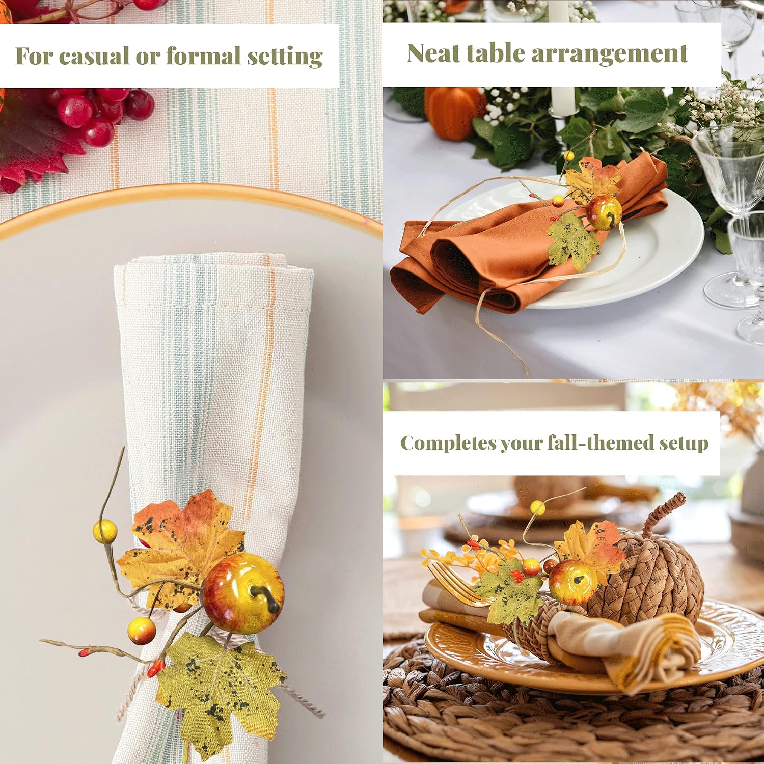 Angel Isabella Fall Themed Napkin Rings - Harvest Maple & Fruits Cloth Napkin Holder for Table Setting - Fall Banquet, Thanksgiving, Christmas or Wedding Table Decor (6pc, Apple)