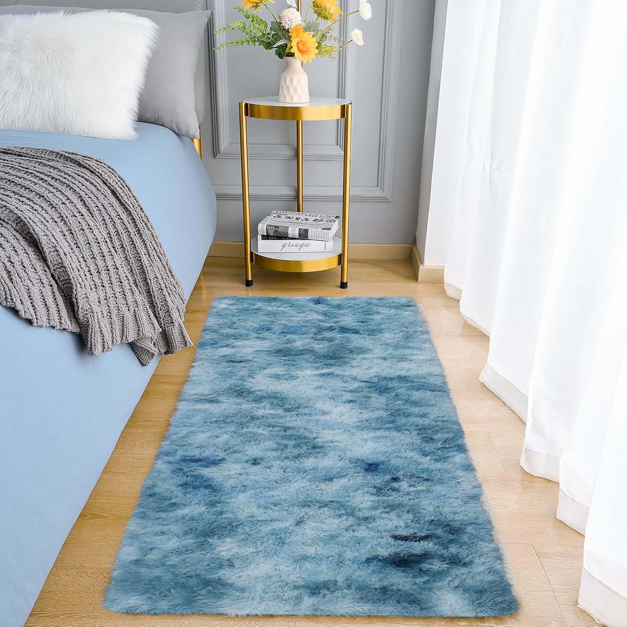 Aspire Homeware Rugs Living Room 60 x 110 cm – Tie-Dye Teal Area Rugs for Bedroom Anti Slip - Modern Super Soft Plush Floor Carpets for Lounge – Fluffy Shaggy Bedside Runner Rug for Kids Room