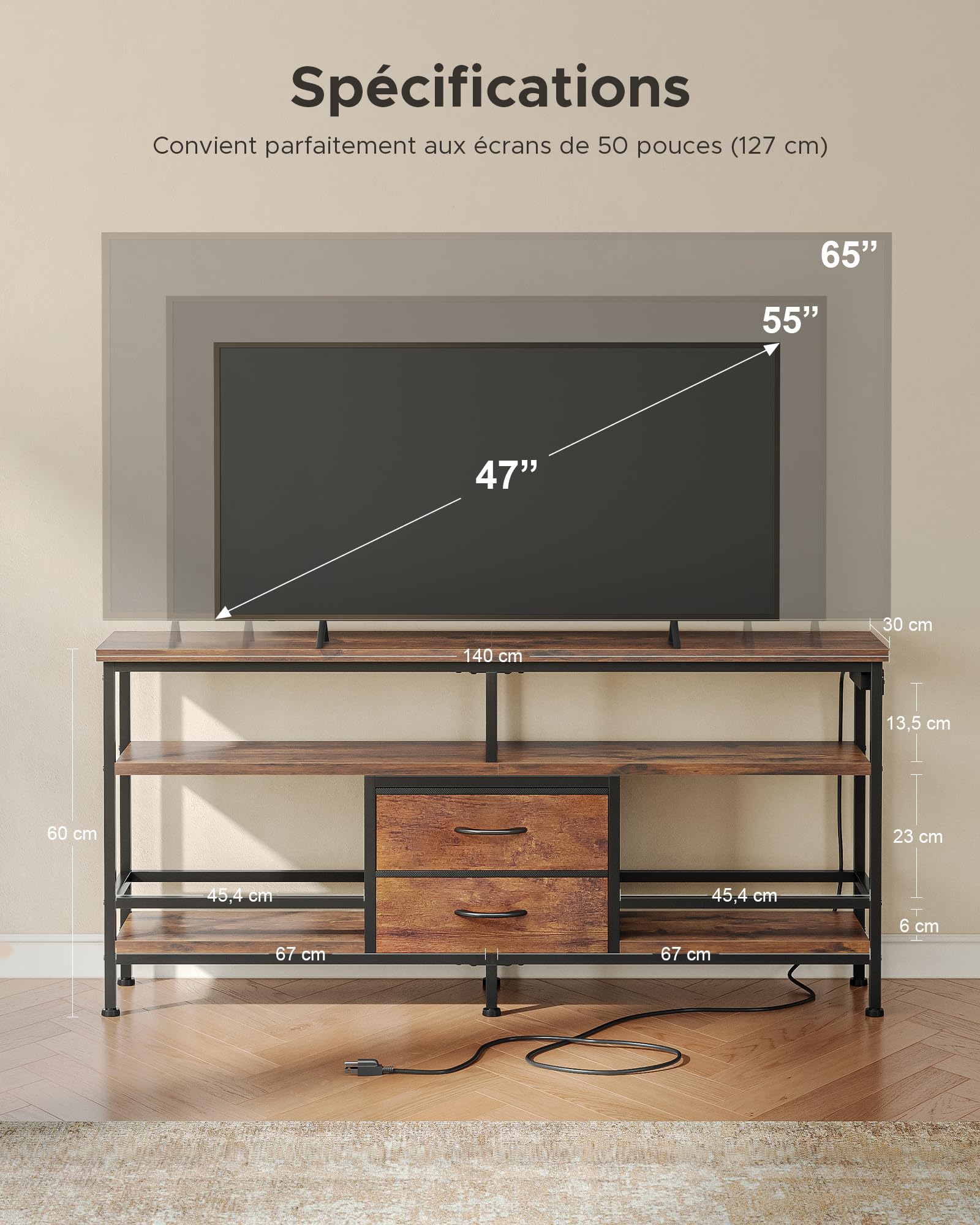 CO-Z Meuble TV 140×30×60 cm, Meuble Multimédia pour Téléviseurs de 43-65” avec Éclairage LED et Station de Chargement Amovible, Meuble TV Moderne avec Étagères Ouvertes et Tiroirs en Tissu, Marron