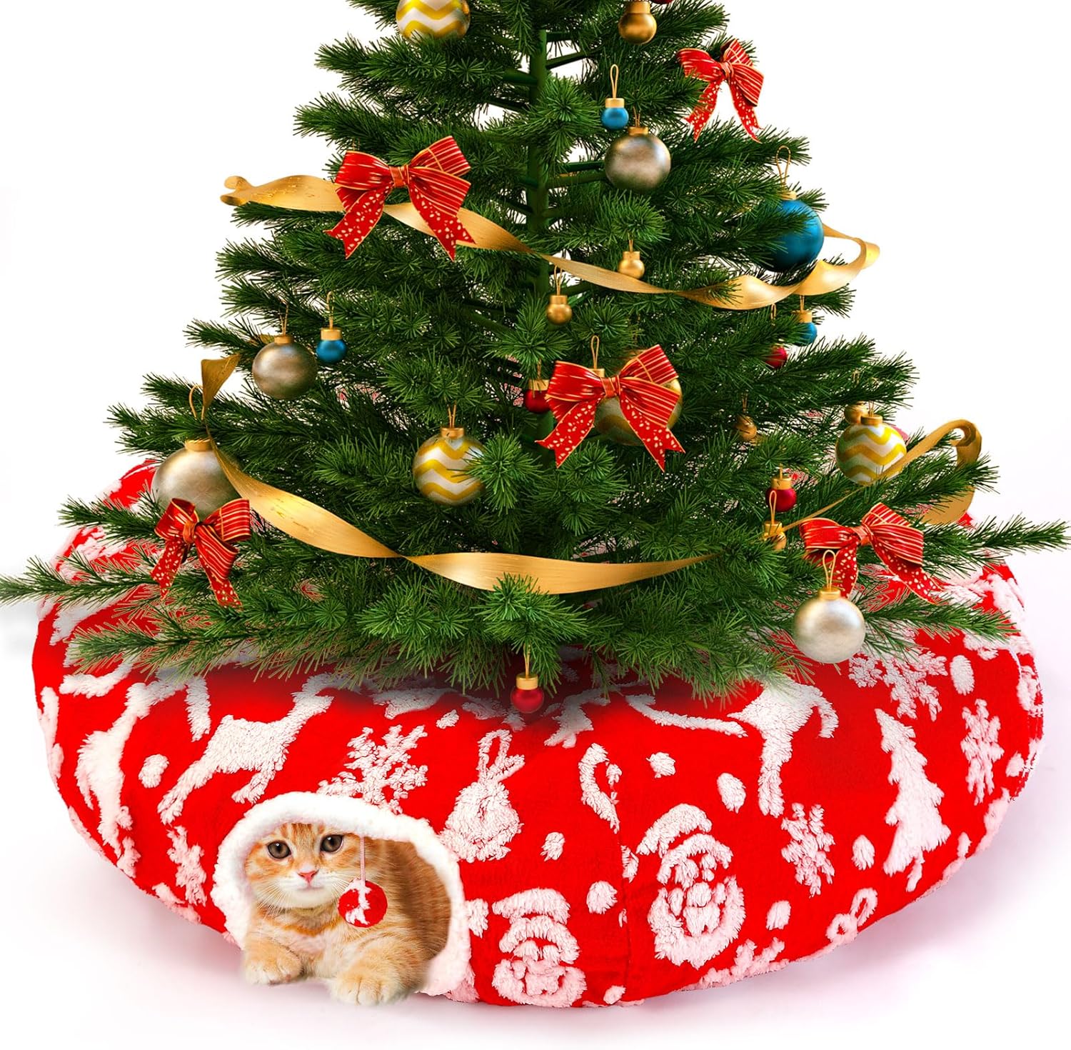 Cat Tunnel Bed Christmas Tree Skirt for Indoor Cats, Maansfy Large Peekaboo Cat Cave Decorative Christmasn Donut Tunnel MultifunctionalTube Playground Toys for Kitten Medium Large Cat (Red)