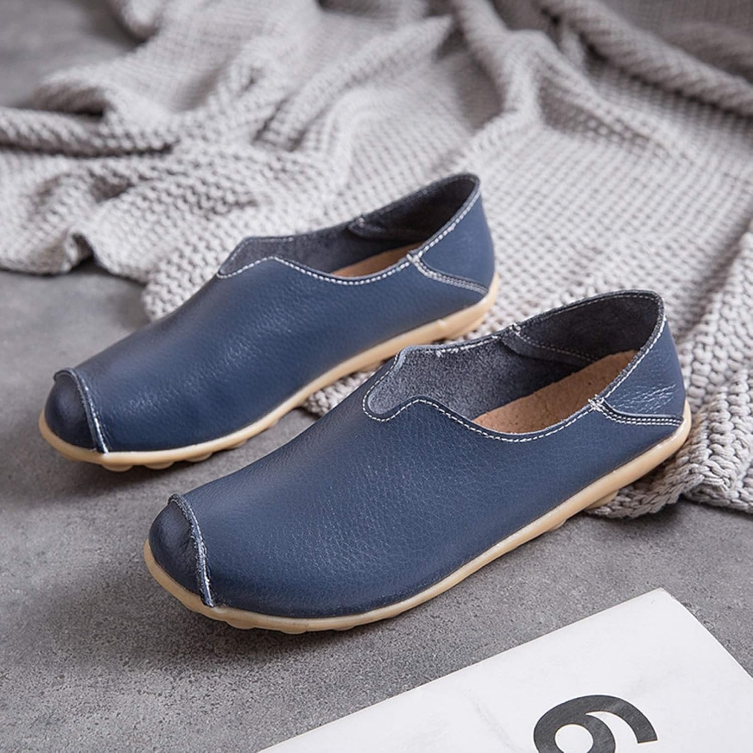 [PANLON] レディース モカシン ラウンドトゥ 26.0cm フラット 黒 モカシンシューズ モカシンローファー カジュアルシ