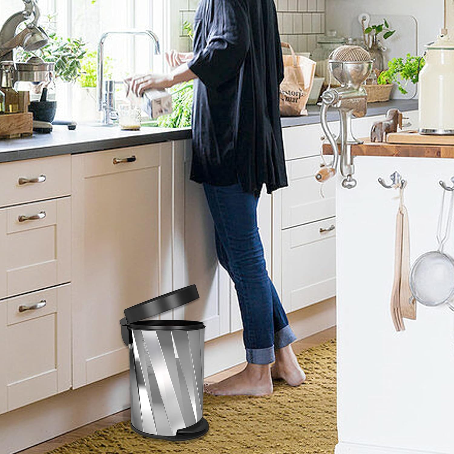 nu steel Polished & Knurled Stainless Steel Step Garbage Trash Can with Lid: 5 Liter/1.32 gal for The Kitchen, Bathroom, Bedroom, Patio, RV