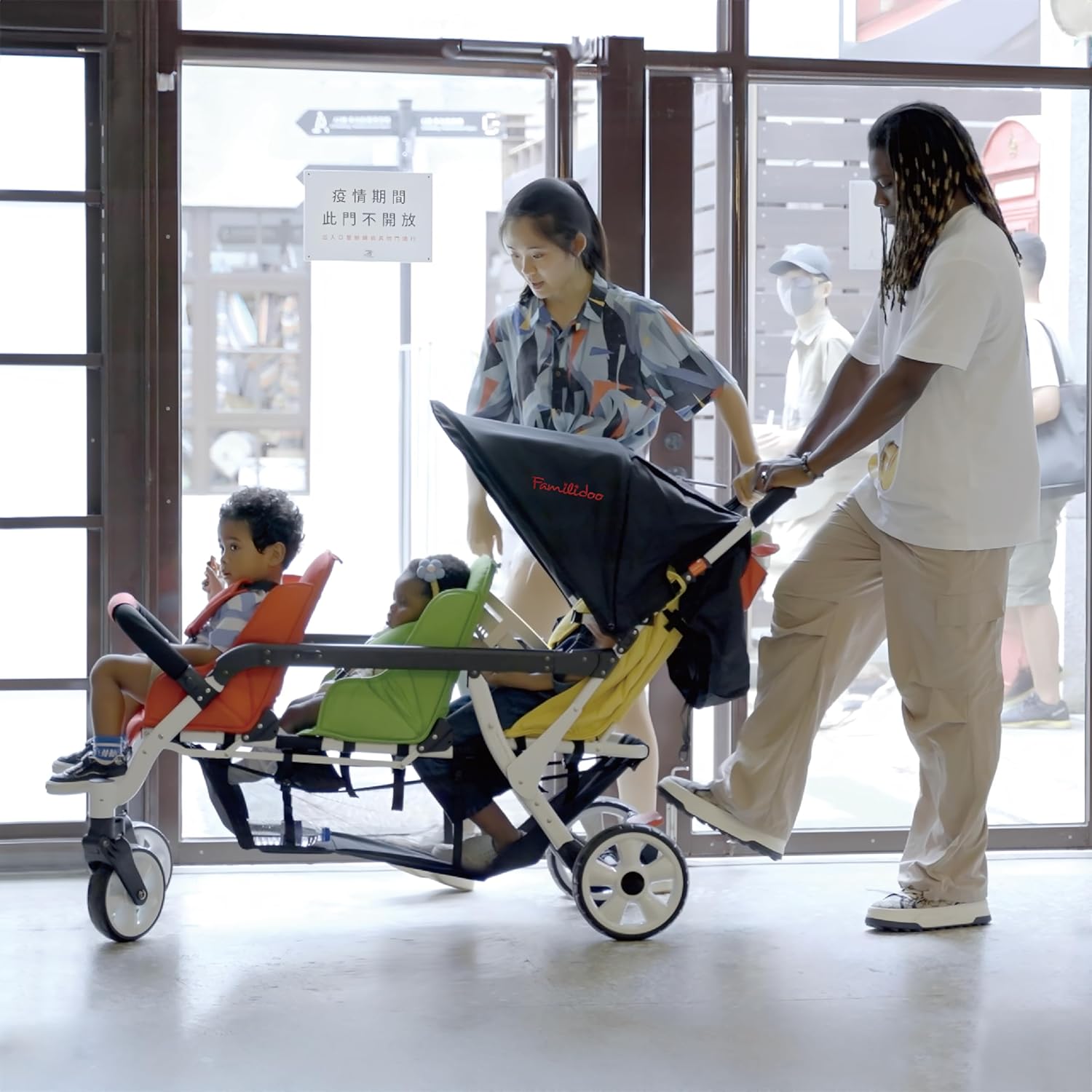 Familidoo H3E 3 Seat Baby Stroller - Tandem Daycare Triple Stroller with 5 Point Safety Harness - for Infants & Toddlers 0-3 Years - Lightweight & Foldable - All Reclining Seats