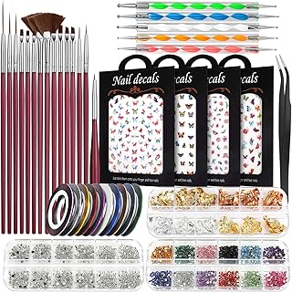 Nail Art Brushes Kit, Teenitor Nail Art Supplies with Nail Dotting Tools, 3D Butterfly Nail Art Stickers, Nail Art Rhinest...