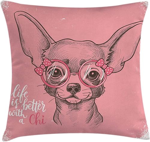 Ambesonne Funda de cojín para perro, chica, chihuahua, boceto, ilustración, palabras, gafas, cintas, cachorros, funda de almohada decorativa