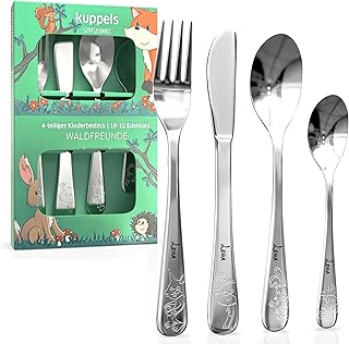 Kinderbesteck mit Namensgravur personalisiert – 4-teiliges Kinder Besteckset Edelstahl ab 4 Jahre – Individuelles Taufgeschenk für Mädchen & Jungen – Spülmaschinengeeignet (Waldfreunde)