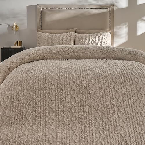 amazon.co.uk OHS Double Fleece Duvet Cover, Stylish Cable Knit Winter Bedding Set Super Soft Cosy Warm Sherpa Reversible Double Duvet Set with Matching Pillowcase, Natural - Natural - Double