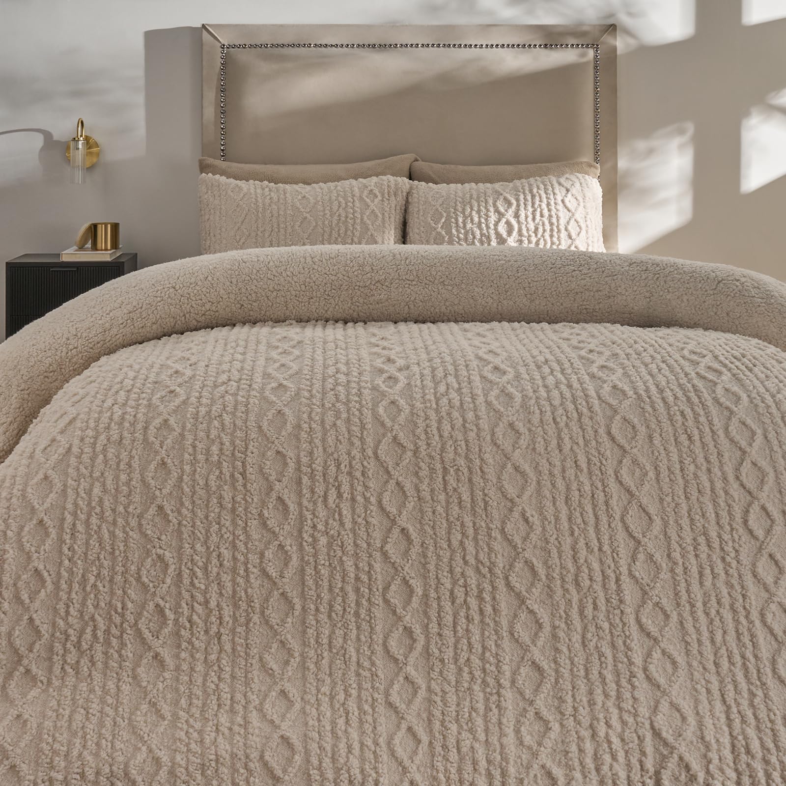 Ohs Cable Knit Fleece Duvet Cover Set Warm Reversible BeddingNaturalDouble from B&Q