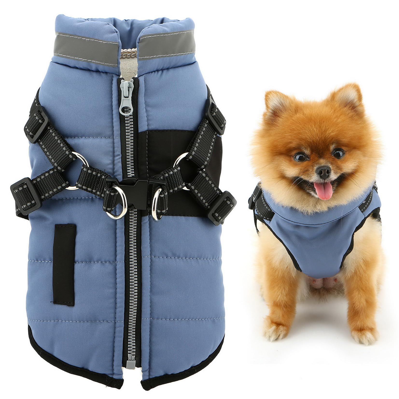SMALLLEE_LUCKY_STORE Fleece Lined Pet Coat Sport Winter Jacket Vest with Harness D-ring for Small Dog Cat Reflective Zip-up Puppy Padded Chihuahua Yorkie Warm Clothes, Blue, XS — image 1