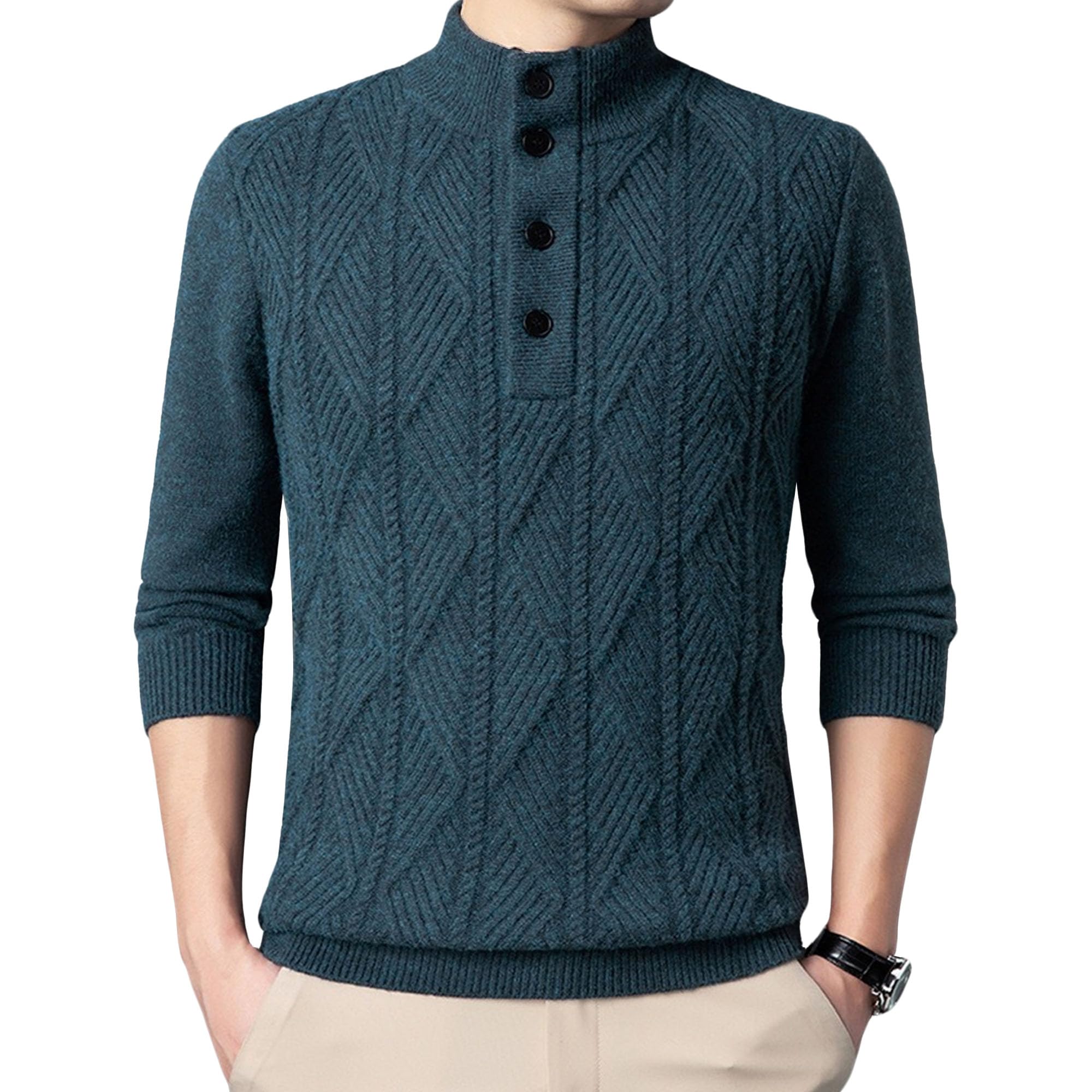 Suéter de punto trenzado para hombre con cuello alto y medio botón estilo casual 8