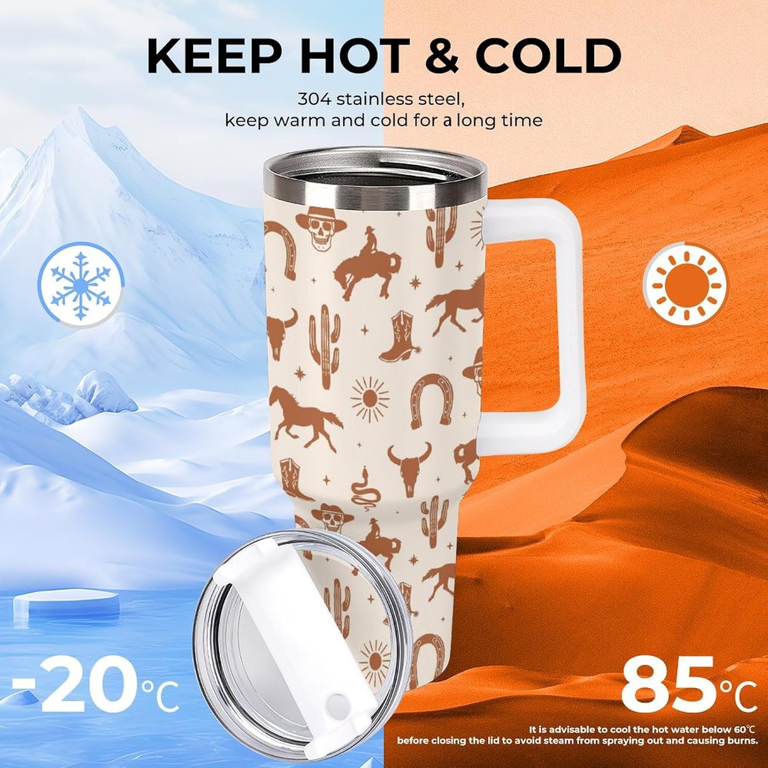 Western Tumbler 40 OZ Drinking Cup with Handle Flip Straw, Reusable Insulated Tumbler Mug Cup Stainless Steel, Western Gifts for Women & Men - Image 2