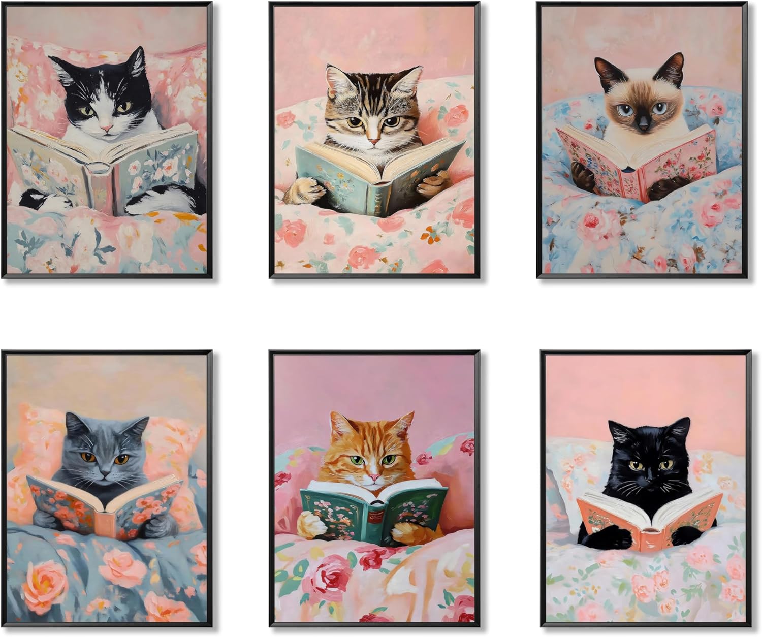 6 Piece Cat Reading Wall Art Prints, Cute Kitty Canvas Poster Set, Funny Cat Painting Pictures for Bedroom Living Room Kids Room Home Decor Unframed 12x16 Inch