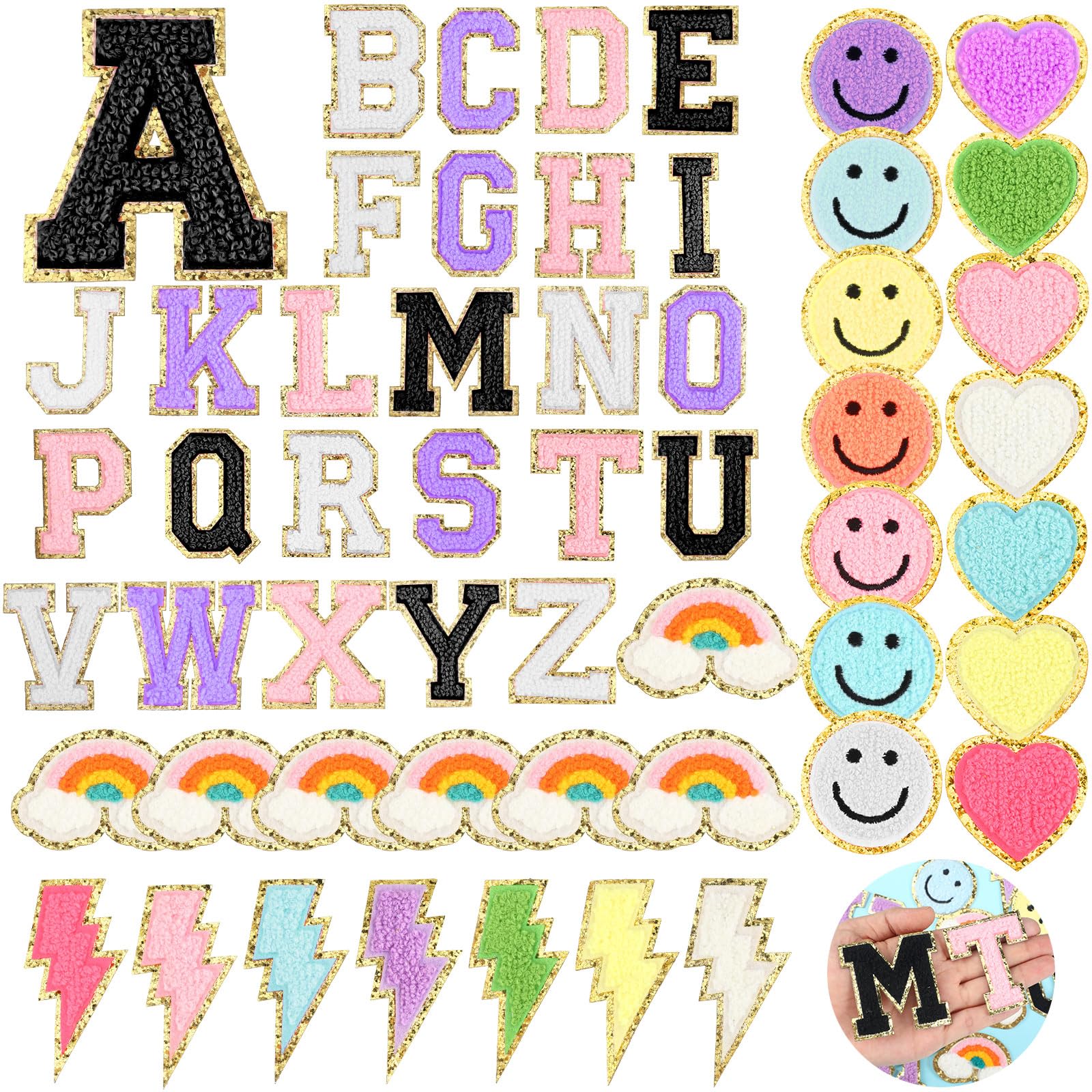 Geosar 54 Pcs 2.17 Inch Self Adhesive Chenille Letters Patches Pink Iron on Patches Preppy Embroidered Stickers for Clothing Backpack Bag Back to School Last First Gifts(2.17 Inch,Mix Color)