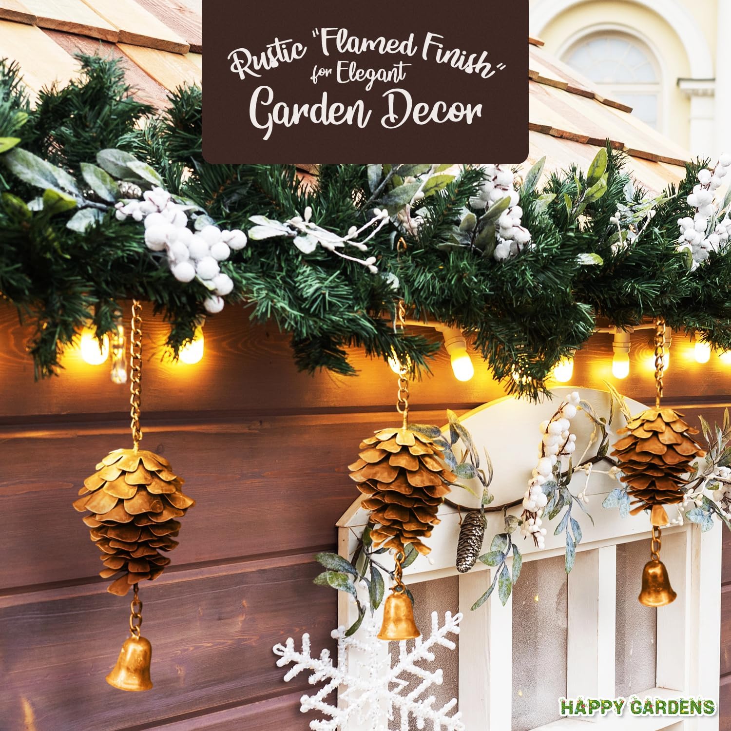 Happy Gardens Pine Cone Ornament with Bells | Bronze Metal Fall Wind Chimes, Pine Cones Decorations | Decorative Hanging Ornaments, and Garden Decor