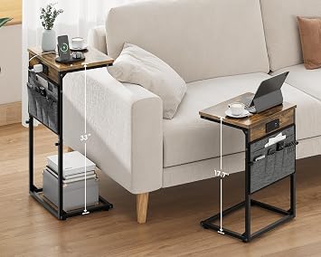 Vagusicc C-Shaped Side Table with Charging Station, Height Adjustable Sofa Side Table, Bedside Table, End Table for Small Spaces, Coffee Table with Metal Frame for Living Room, Bedroom, Rustic Brown