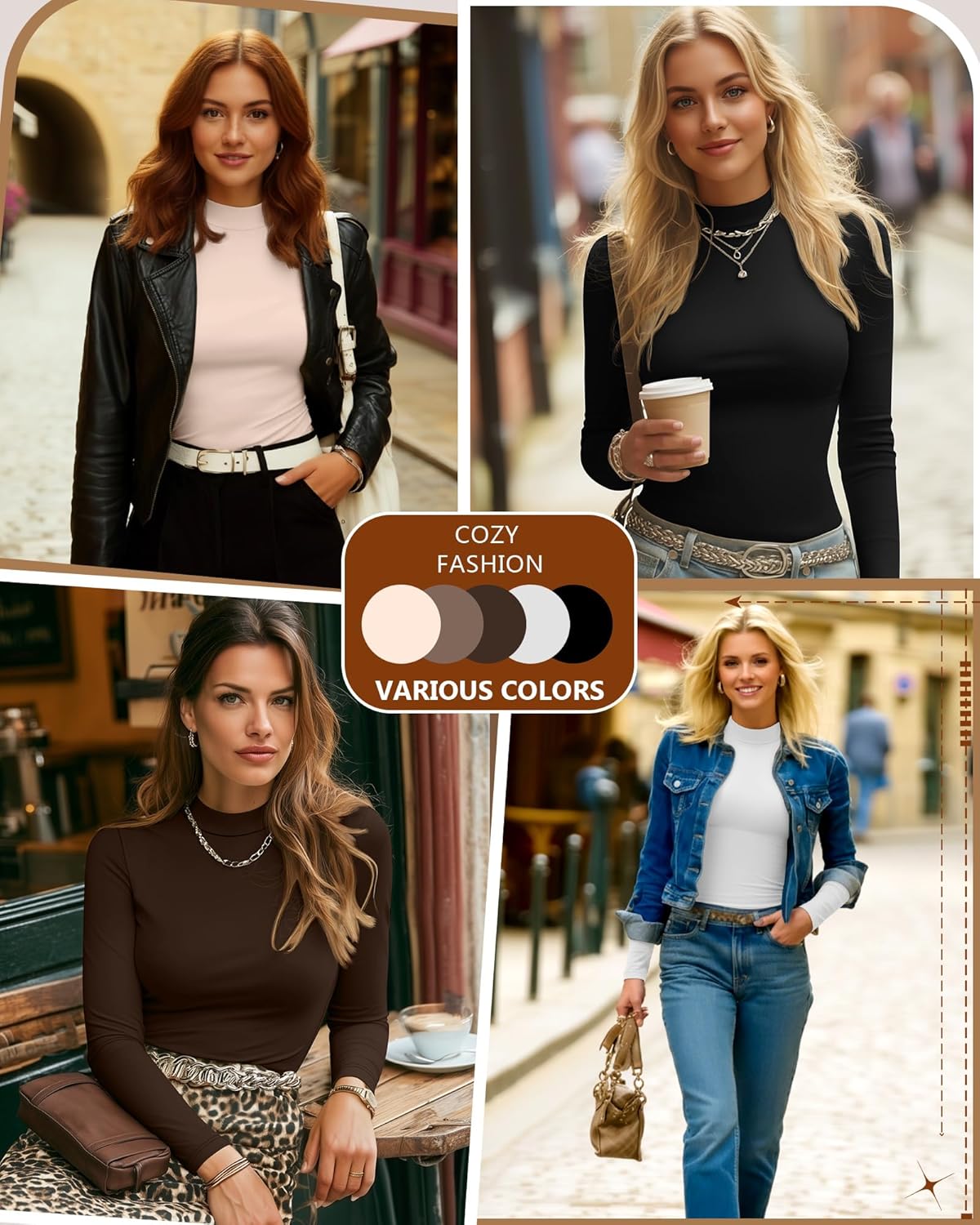 5 Pack Women's Mock Turtleneck Tops Long Sleeve Multipack Base Layer Slim Fit Casual Bulk Undershirts Thermal Tees - Image 4