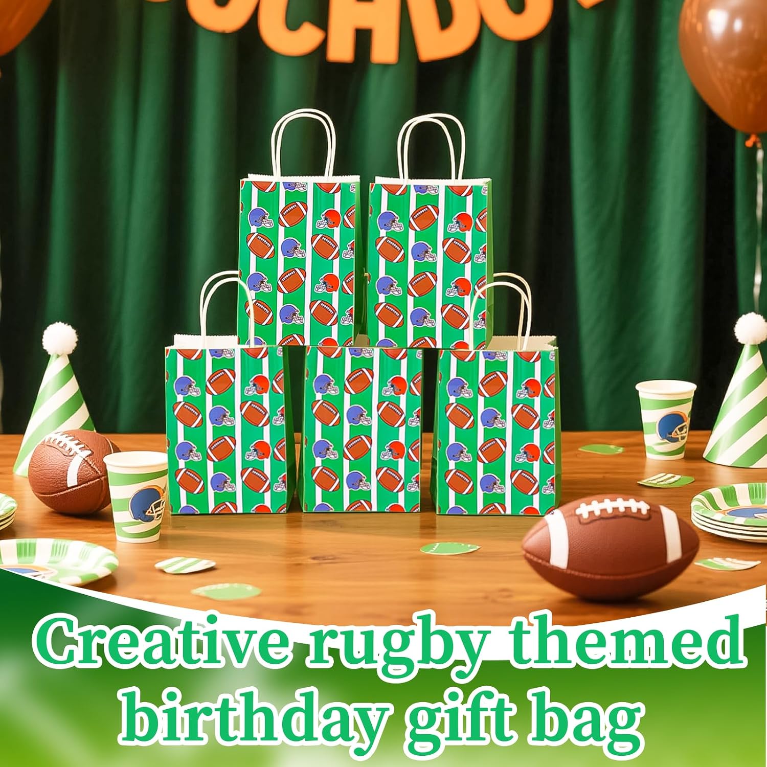 Rugby Kraft Gift Bag Football Theme Wrapping Paper Bags with Handles for Rugbys Sports Party Favors Fall Footballs Birthday Goodie Treat Gifts Candy Handbag Wrap Bags for Boys Kids Teens Men Team image 5