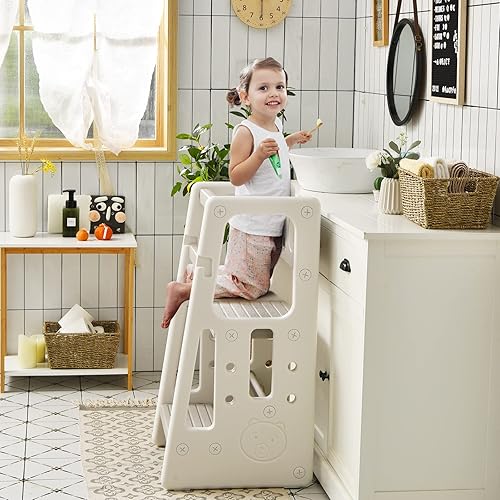 Miniatura 6 de Costzon Taburete de cocina para niños con doble riel de seguridad, taburete de aprendizaje para niños pequeños con 3 alturas ajustables y