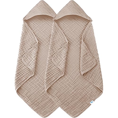 SWEET DOLPHIN Muslin Hooded Baby Bath Towels - 2 Pack 100% Cotton Towel for Babies, Infants, Toddlers - 32x32Inch - Highly Absorbent and Newborn Essential, Brown