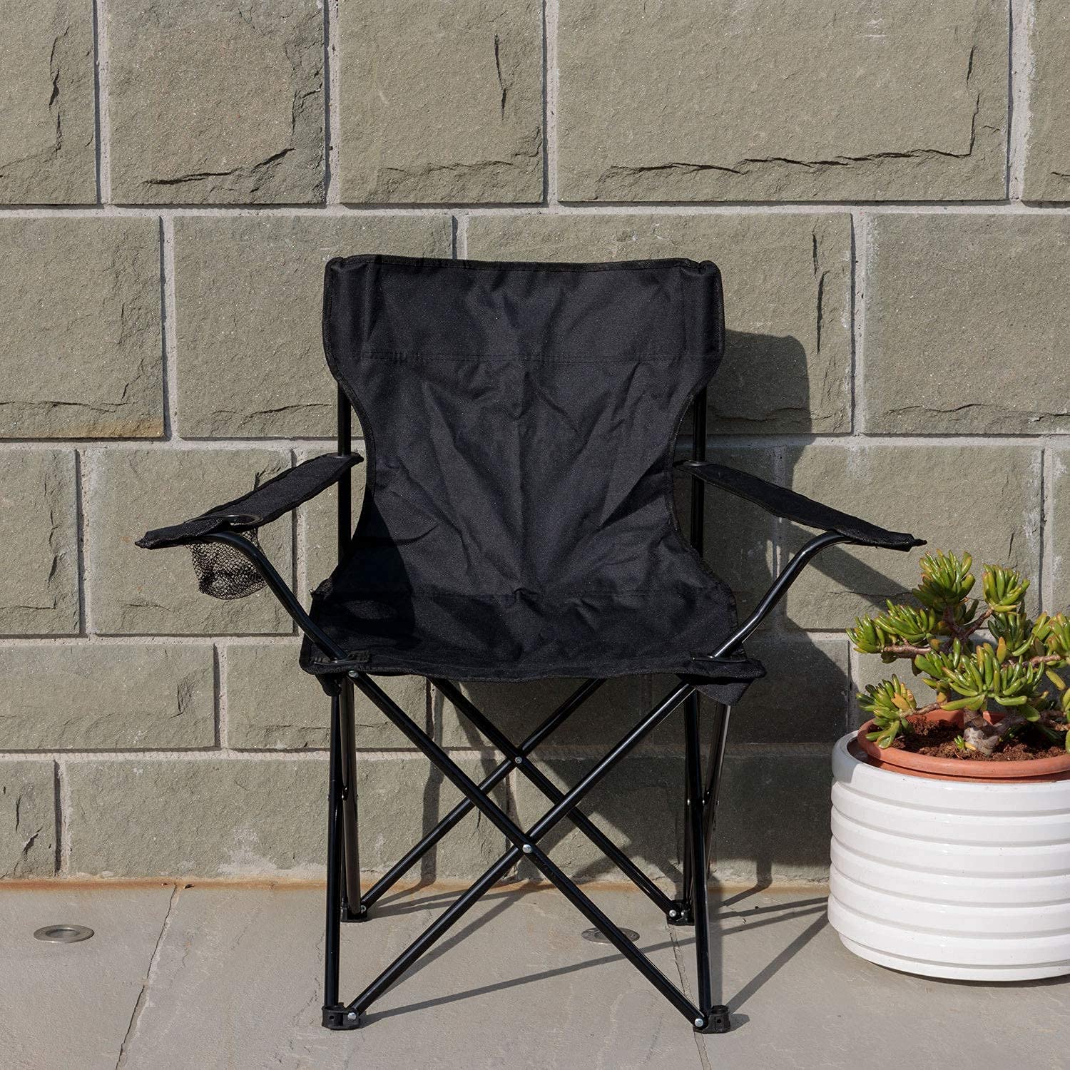 Baroni Home Sedia Campeggio Pieghevole da Esterno Giardino, Poltrona Campeggio Impermeabile, Sedia Camping Portatile, Seduta da Spiaggia e Pesca con Porta bibite 50x50x80 cm, Set 2 Nero