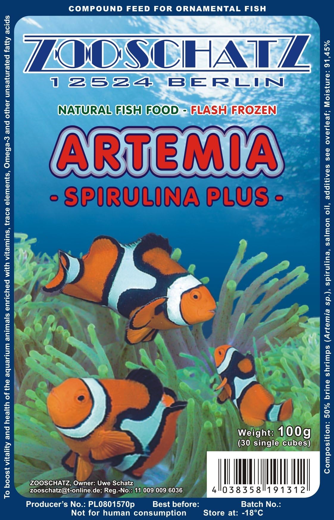 Zooschatz *** BUY 2 AND GET 1 FREE *** BRINE SHRIMP (ARTEMIA) WITH SPIRULINA - Fish food in 100g blister pack - Excellent for most types of freshwater and marine fish