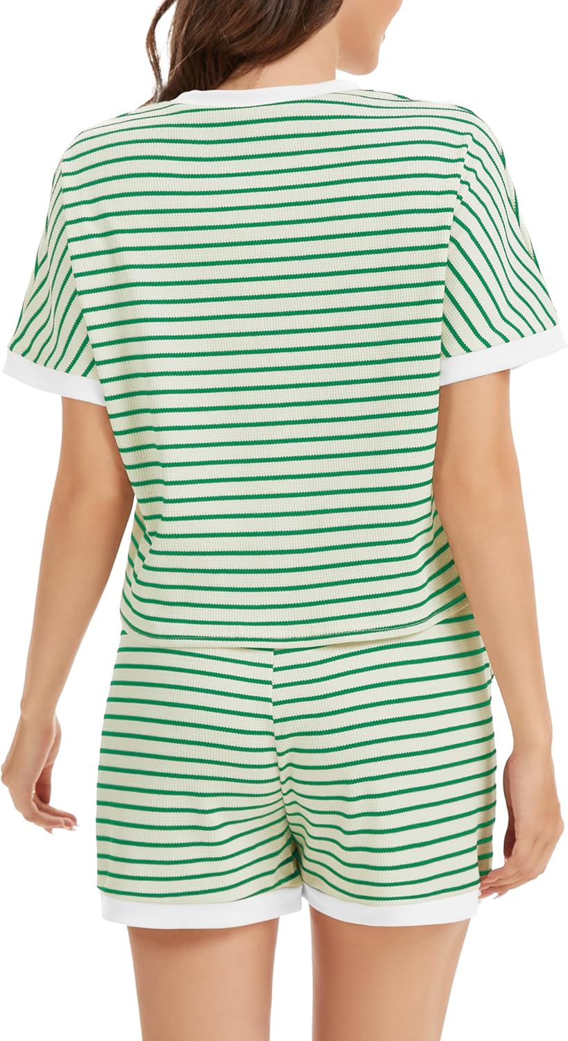 2 Piece Pajama Sets for Women Stripe Knit Shirts Short Sleeve Summer Casual Loungewear Shorts Matching Set - Image 2