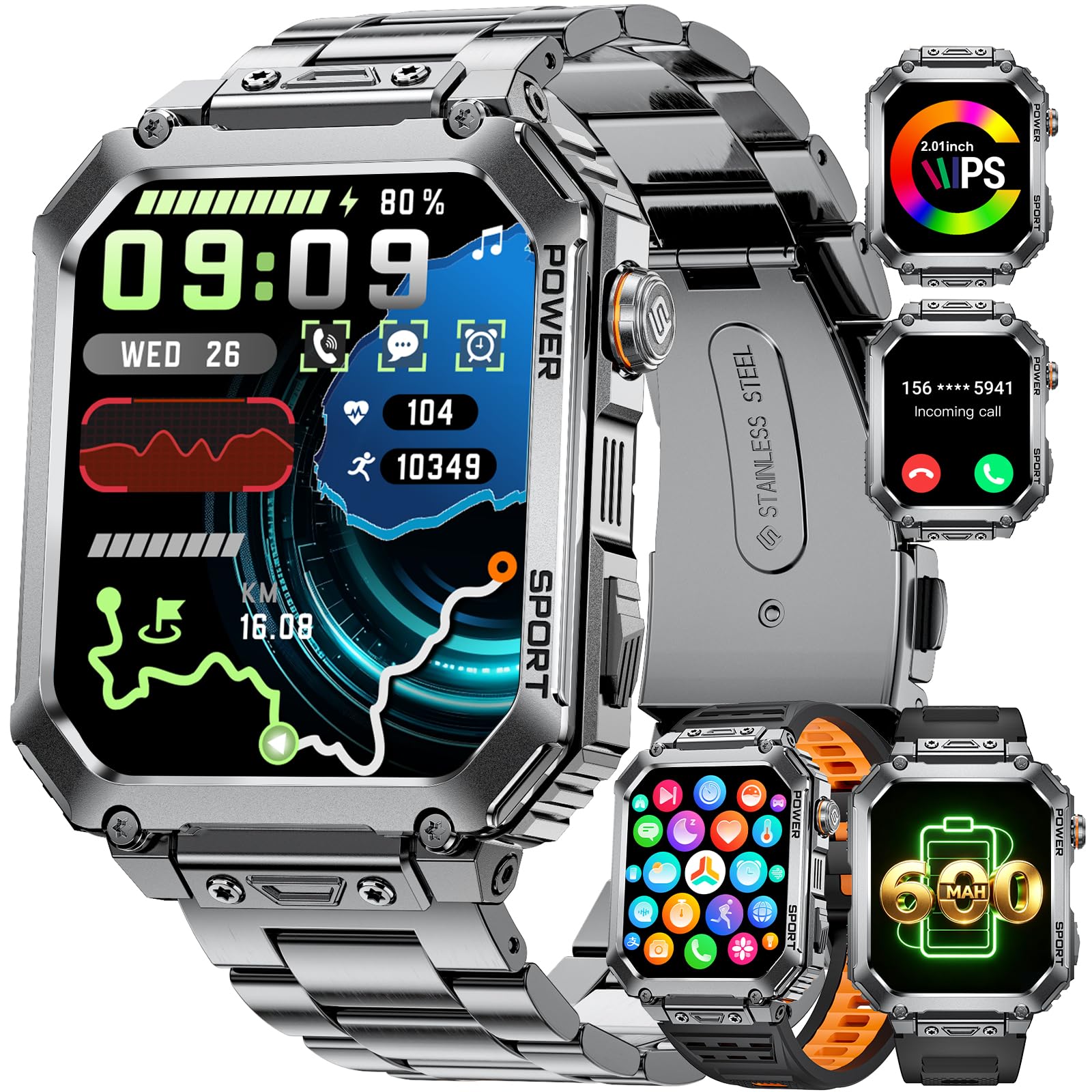 Montre Connectée Homme Militaire, 2.01" Sport Smartwatch Homme avec Appels Bluetooth, 100+ Modes Sportifs, IP68 Étanche, Sommeil/Fréquence Cardiaque, Fitness Tracker pour Android iOS,3 Bracelets,EF2-L