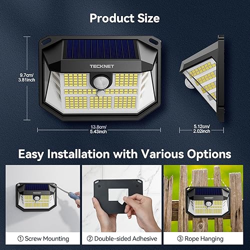 Miniatura 7 de TECKNET 231 luces solares LED impermeables para exteriores, paquete de 4 luces de pared de seguridad de 300 con 3 modos de iluminación, IP65 PIR