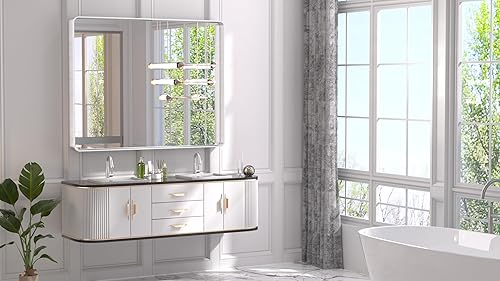 Miniatura 219 de TETOTE Espejo de 60 x 36 pulgadas para baño, espejo de tocador dorado de latón cepillado, espejo de pared grande rectangular con marco de metal Oro