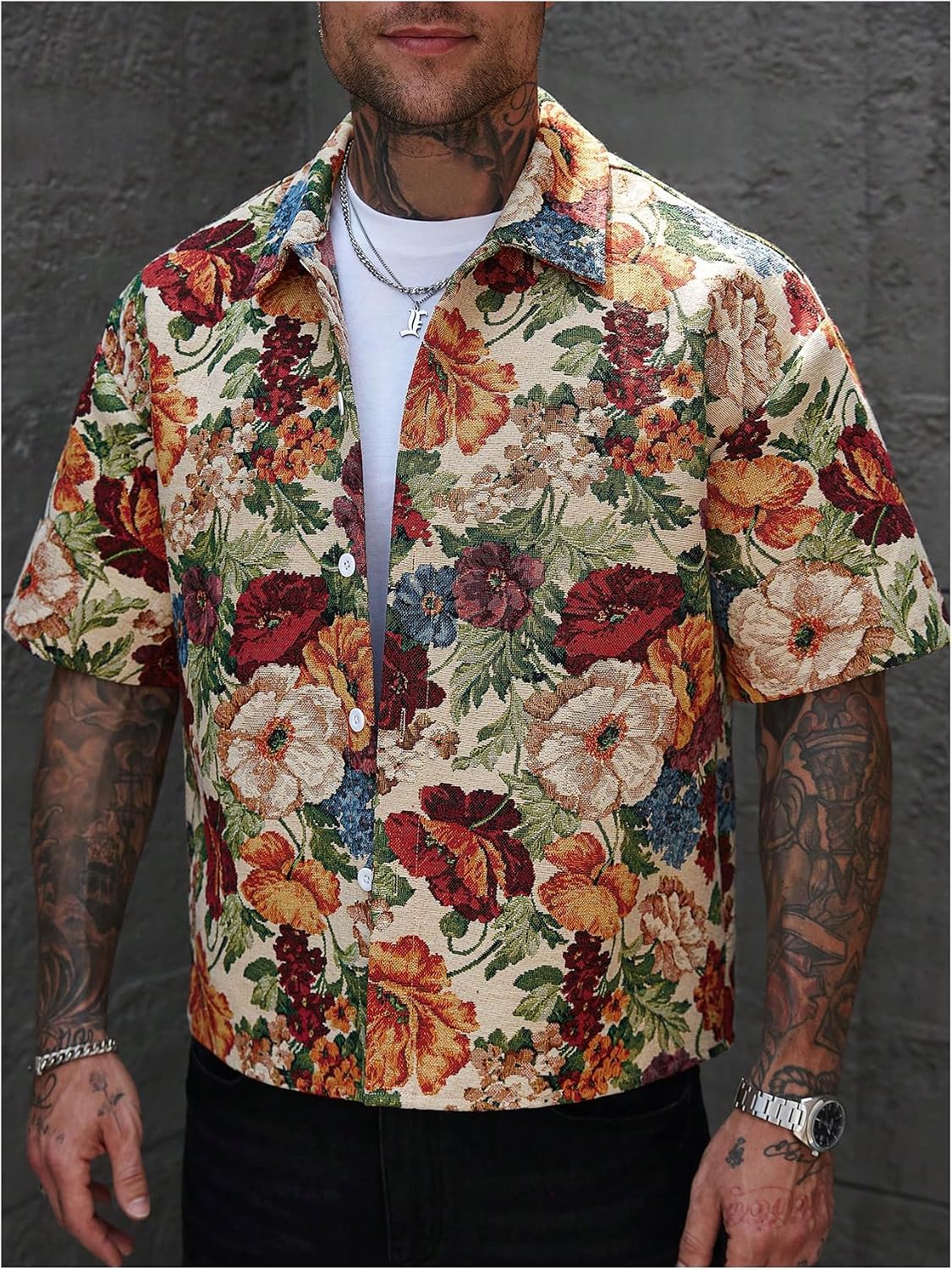 Men's Vintage Floral Print Shirt Vintage Button Down Short Sleeve Collared Hawaiian Shirts Vacation Tops
