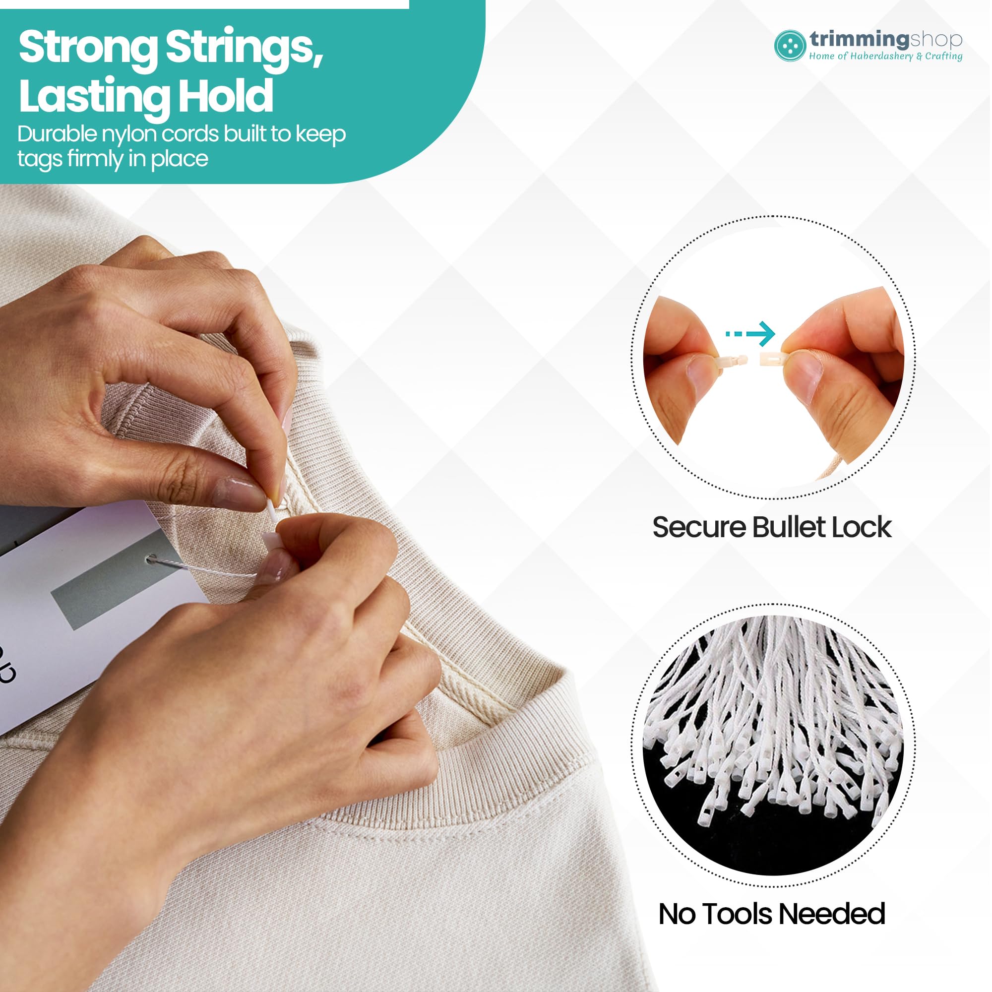 Trimming Shop Nero o Bianco 7 inch Nylon Stringa per Gancio Etichette - Chiusura a Scatto per Associare Etichette E Sicurezza Elemento di Fissaggio per Corda - Bianco, 1000pcs - White