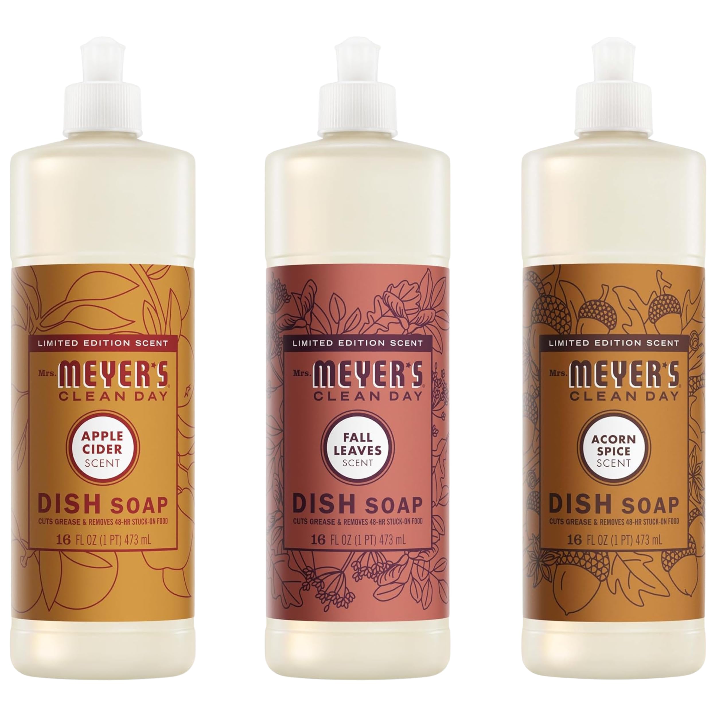 Mrs. MEYER'S CLEAN DAY Liquid Dish Soap 3 Pack Variety, Acorn Spice, Apple Cider, Fall Leaves, 16 OZ Each, 1 CT